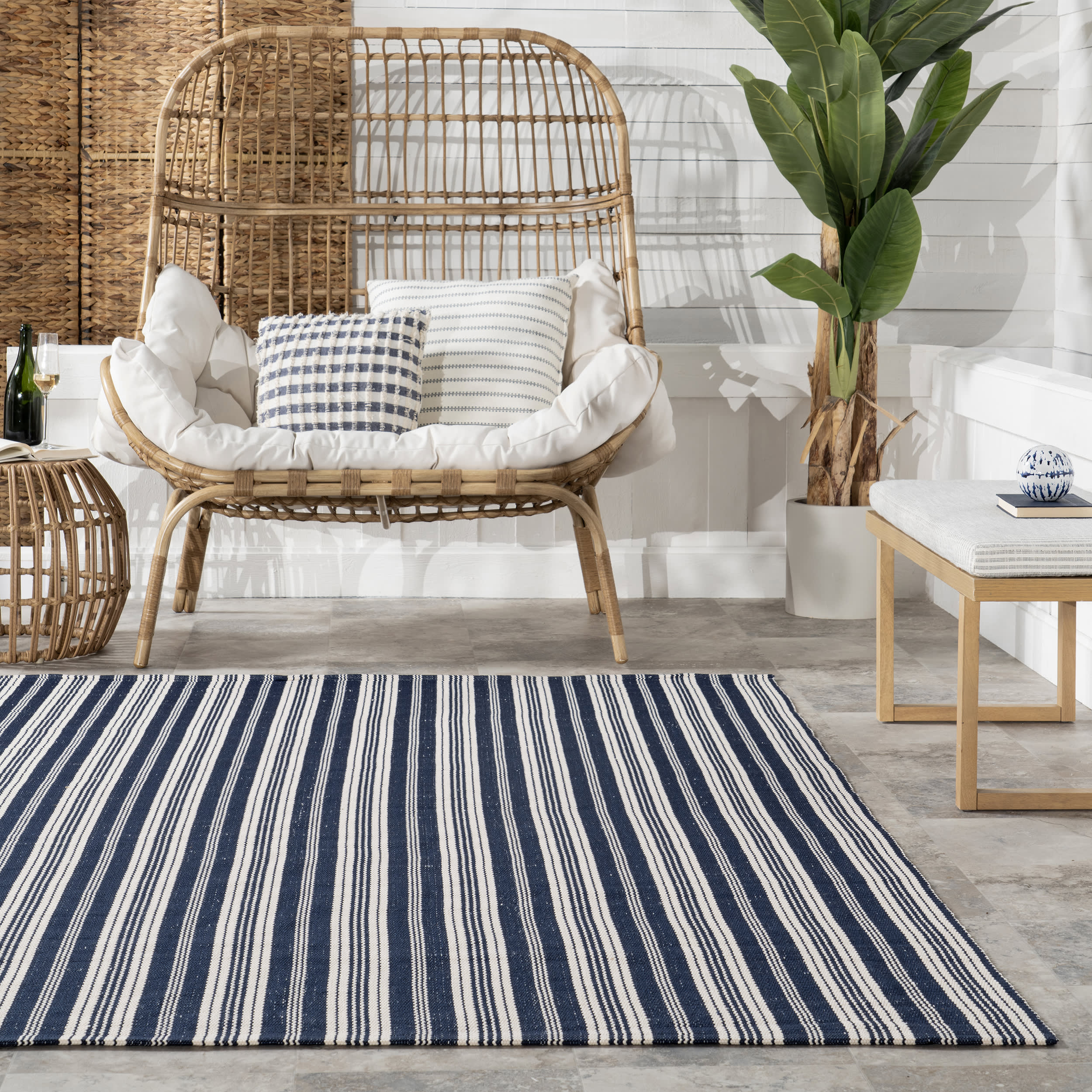 Ticking Stripe Handwoven Indoor/Outdoor Rug | Blue - Image 4
