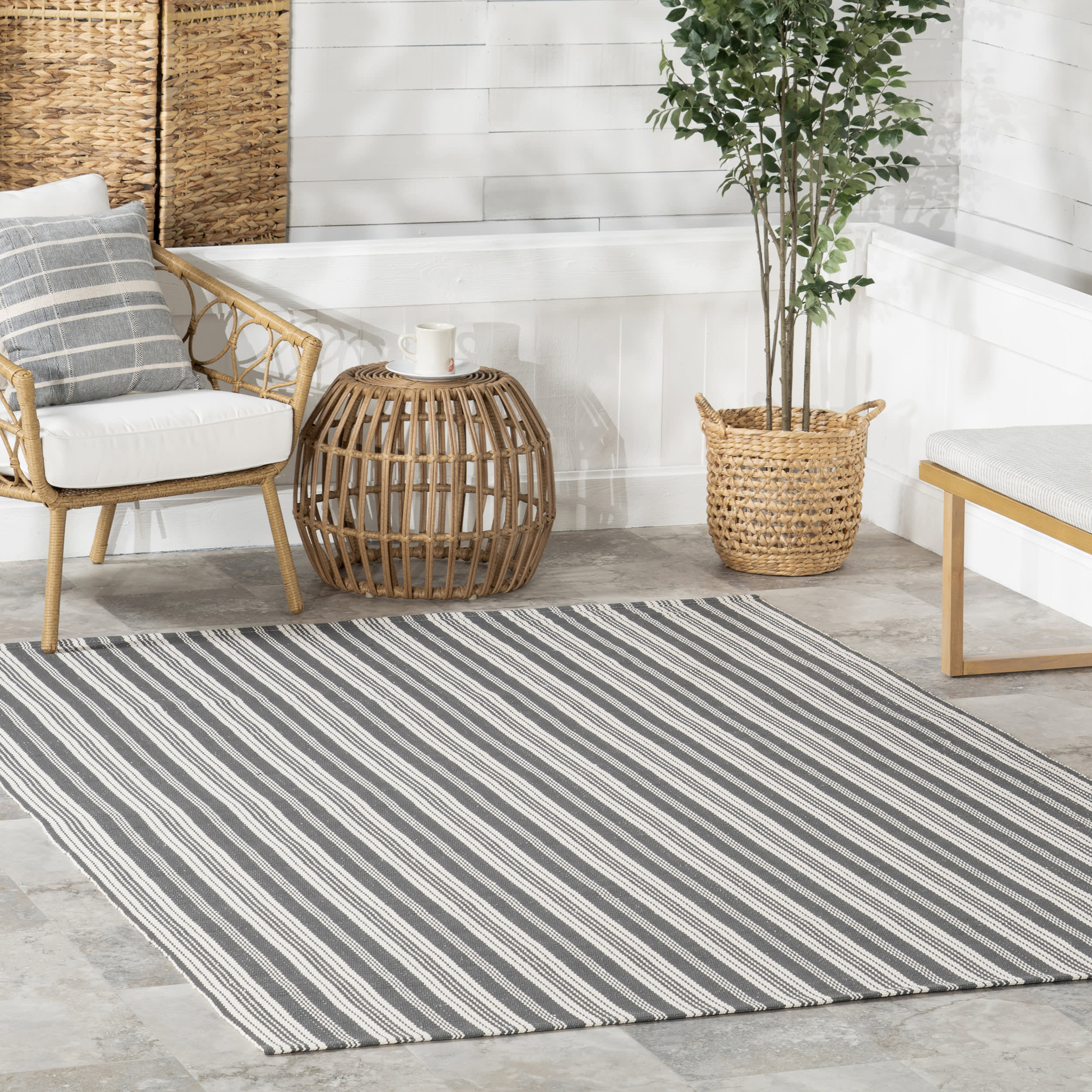 Ticking Stripe Handwoven Indoor/Outdoor Rug | Grey - Image 2