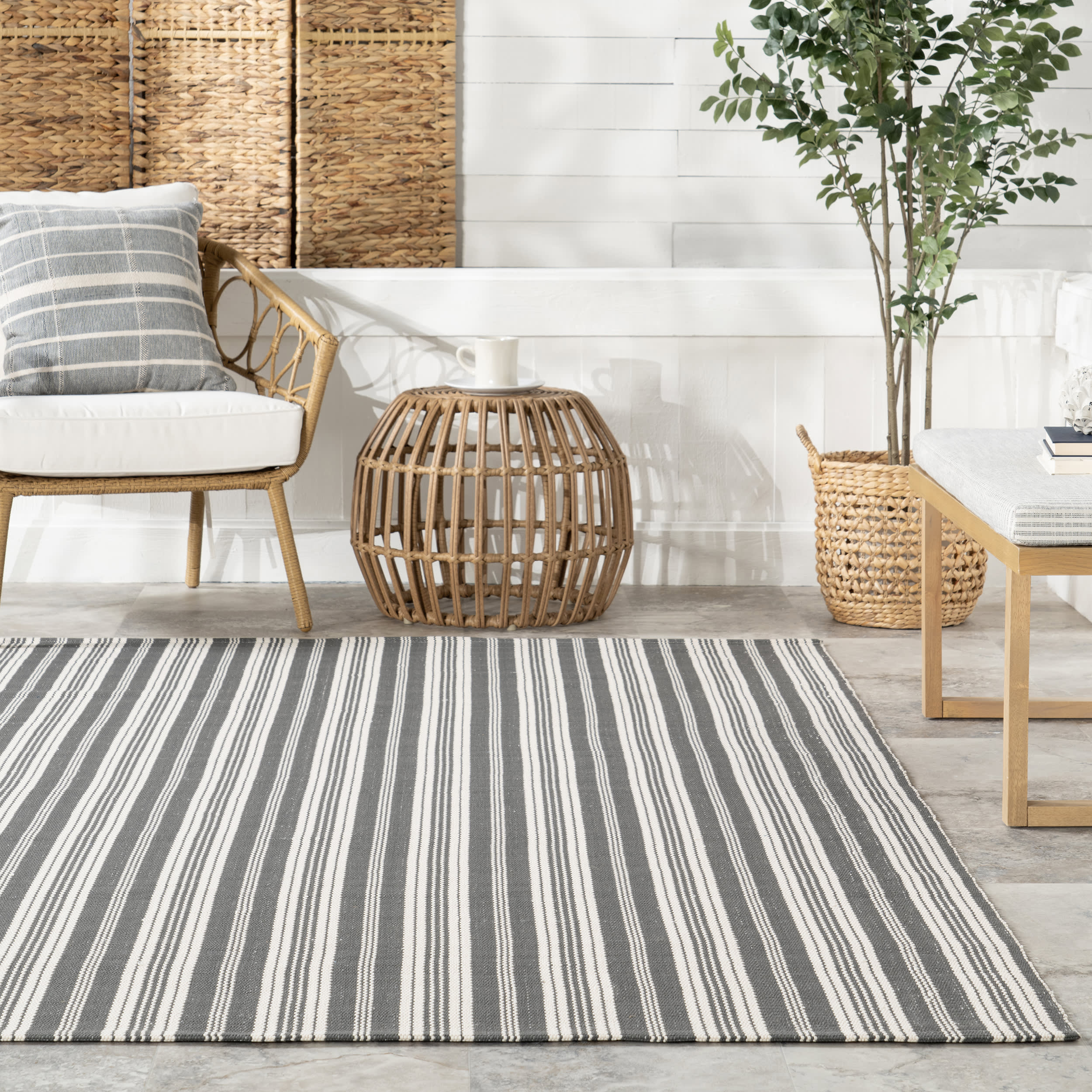Ticking Stripe Handwoven Indoor/Outdoor Rug | Grey - Image 4