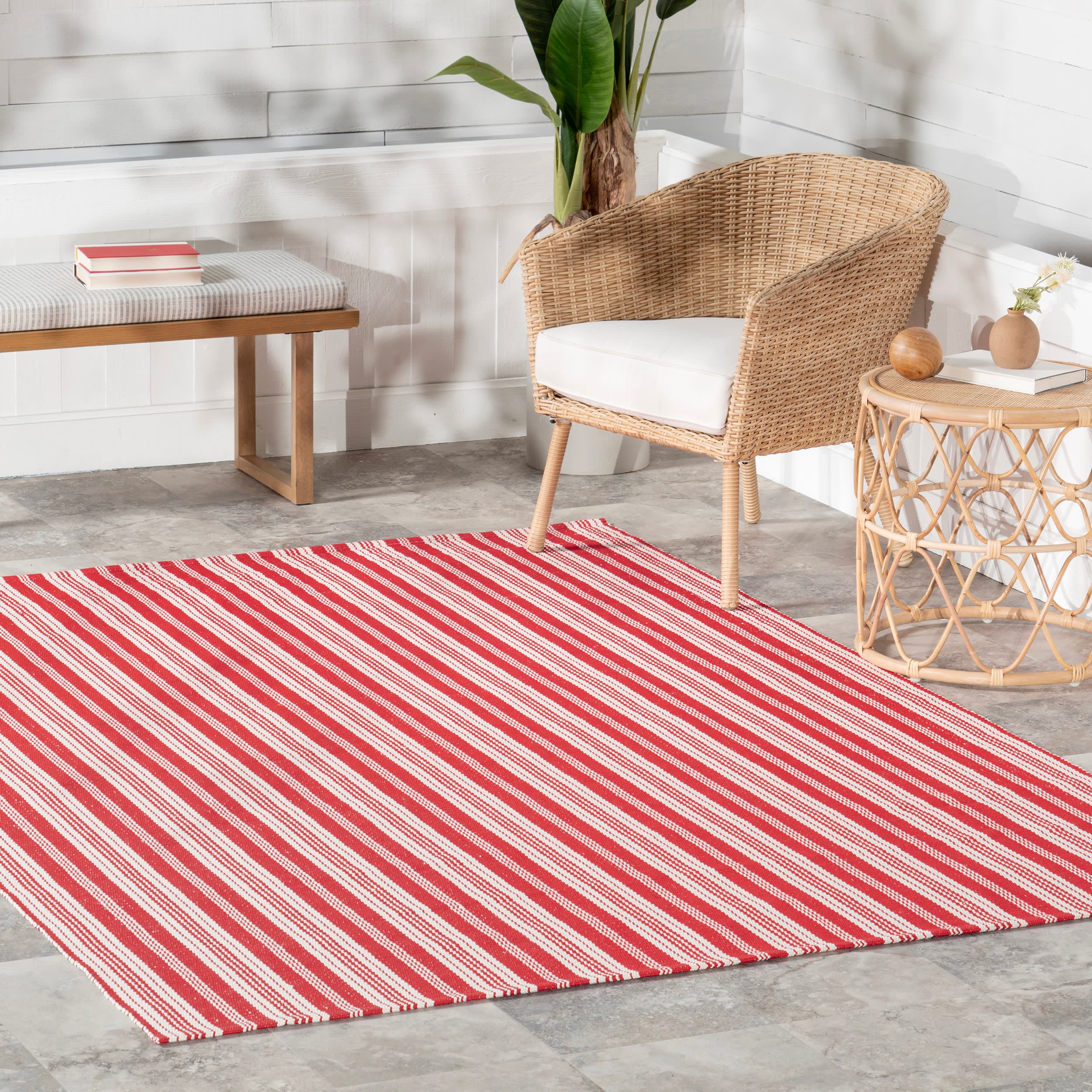 Ticking Stripe Handwoven Indoor/Outdoor Rug | Red - Image 2