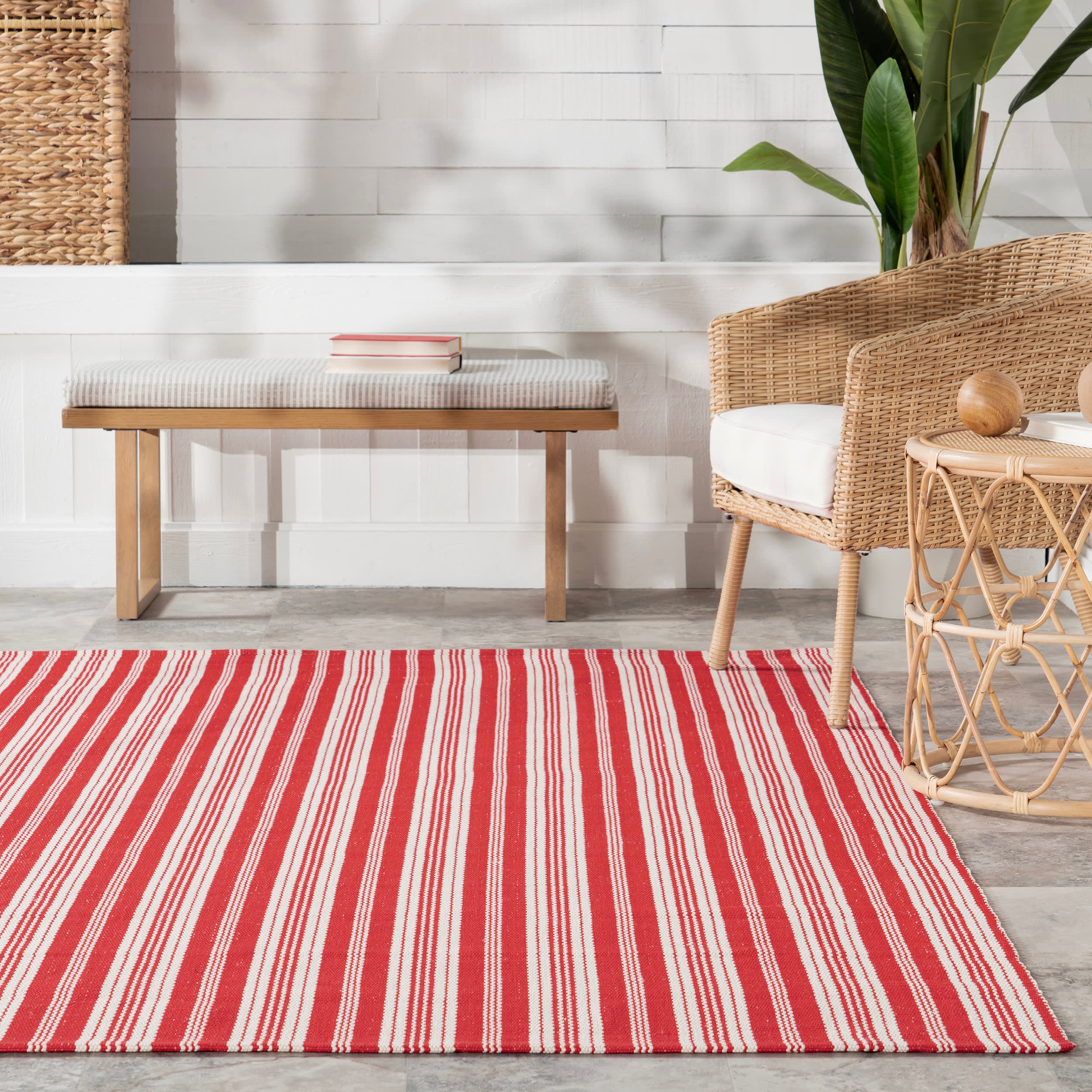 Ticking Stripe Handwoven Indoor/Outdoor Rug | Red - Image 4