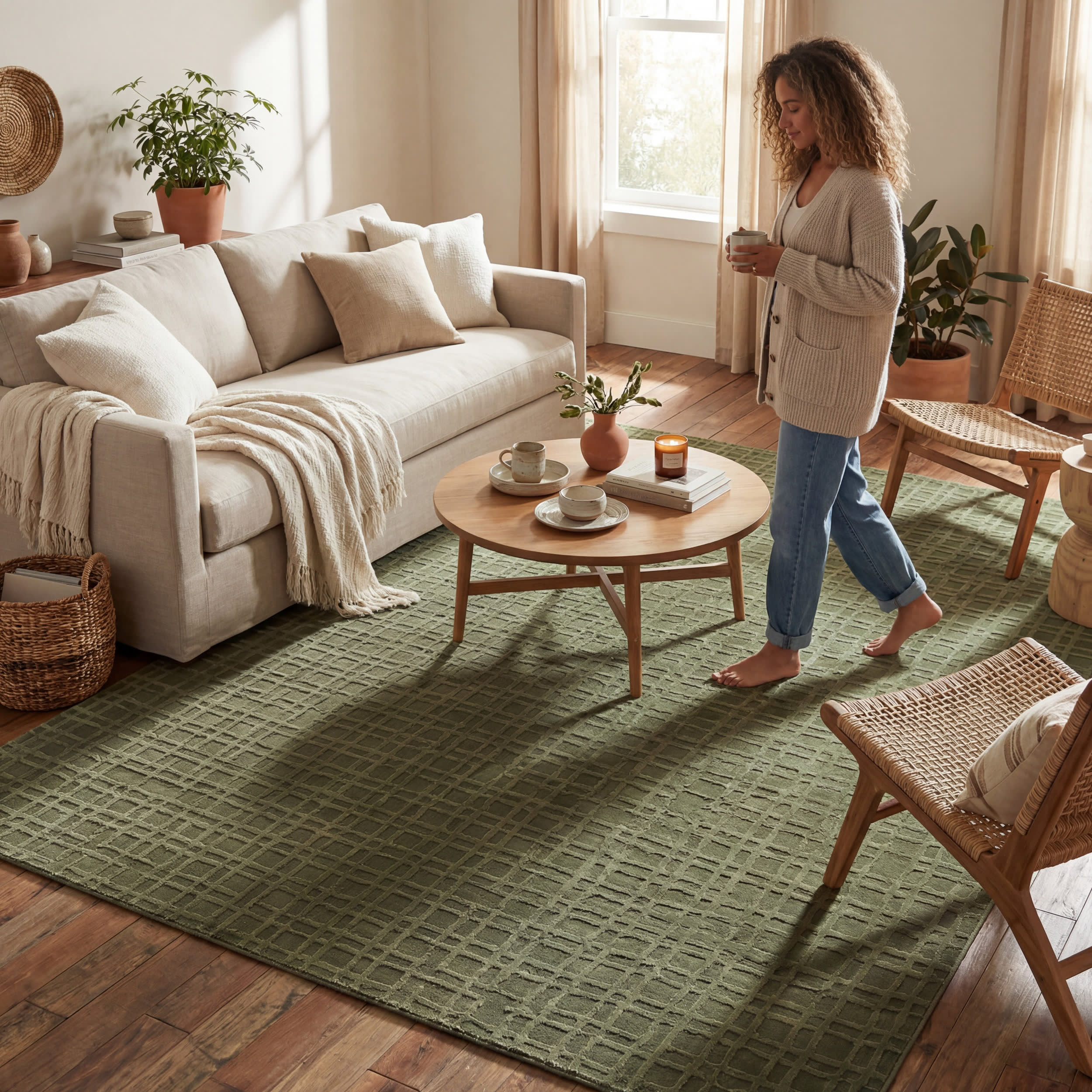 Tinisa Abstract Grid Plush Textured Washable Rug | Green - Image 9