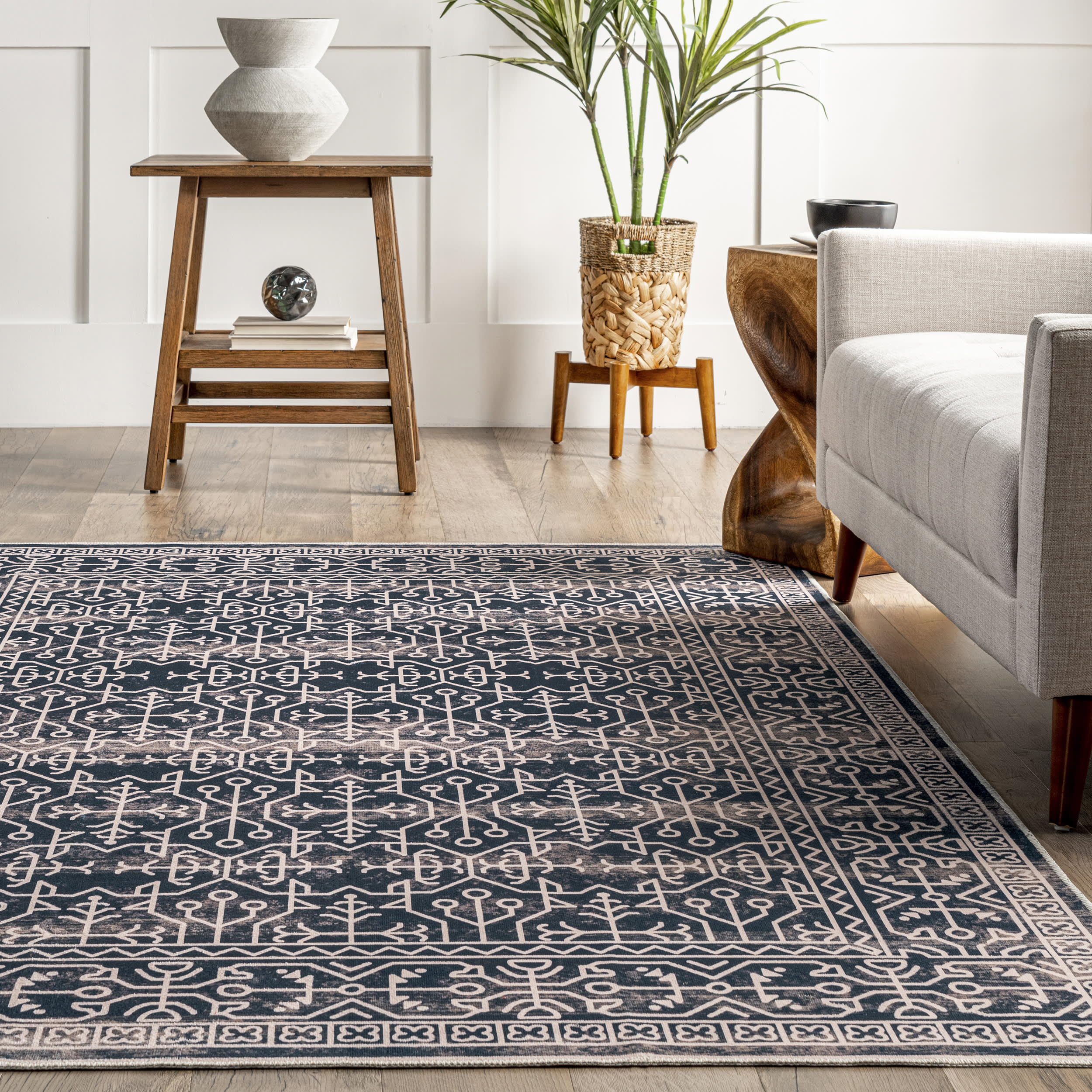 Tinsley Bordered Linework Washable Rug | Navy - Image 4