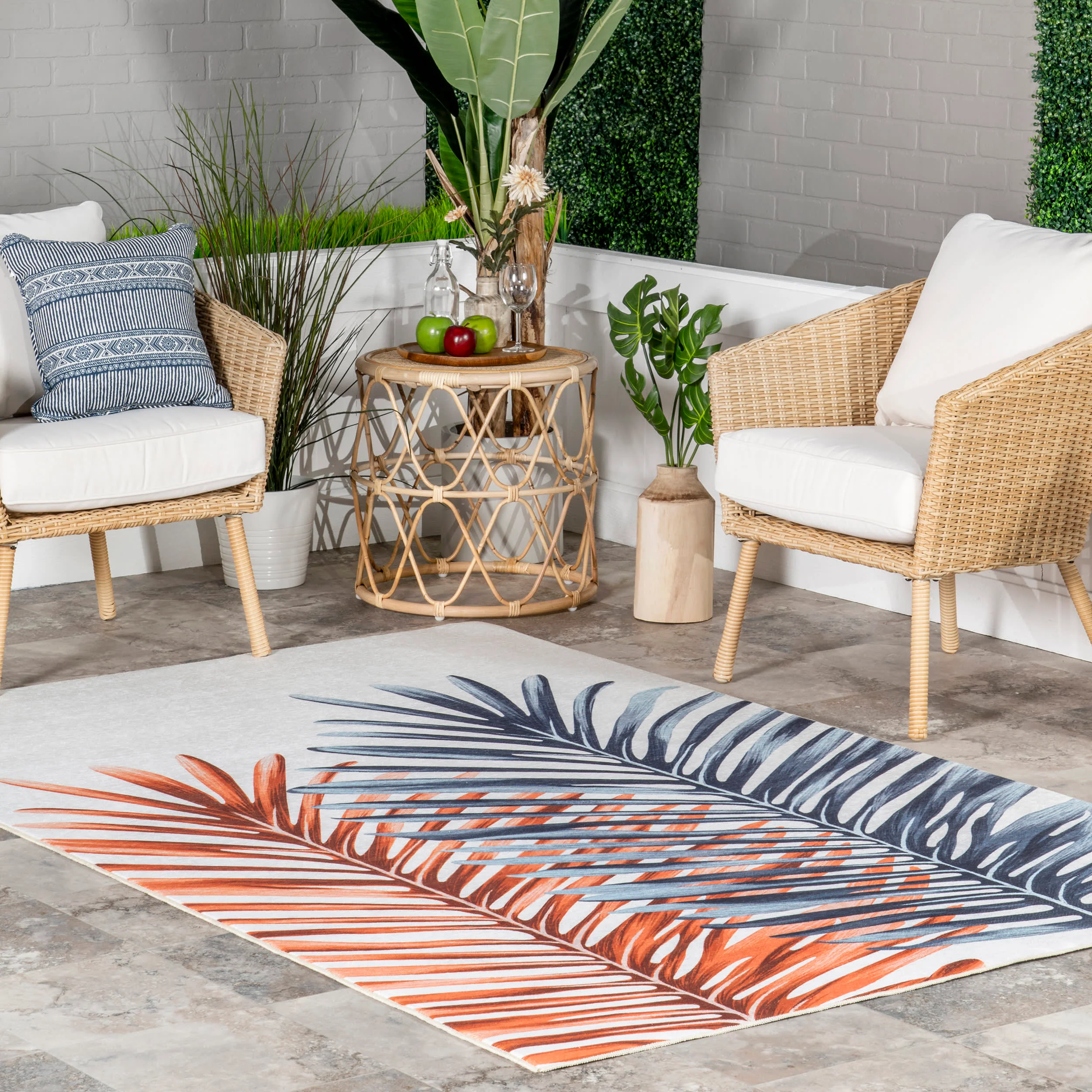 Tommie Palm Leaves Washable Indoor/Outdoor Rug | Blue - Image 2