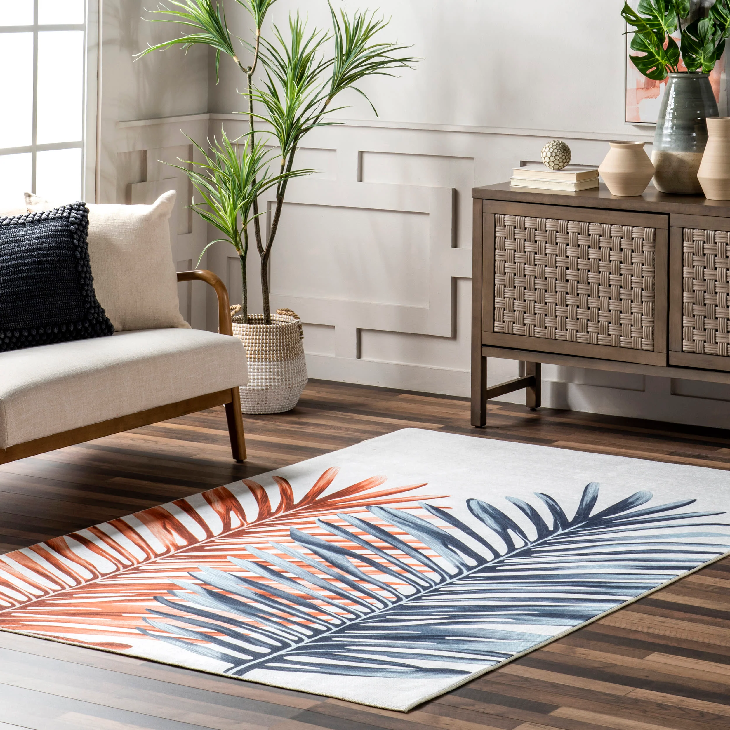 Tommie Palm Leaves Washable Indoor/Outdoor Rug | Blue - Image 4