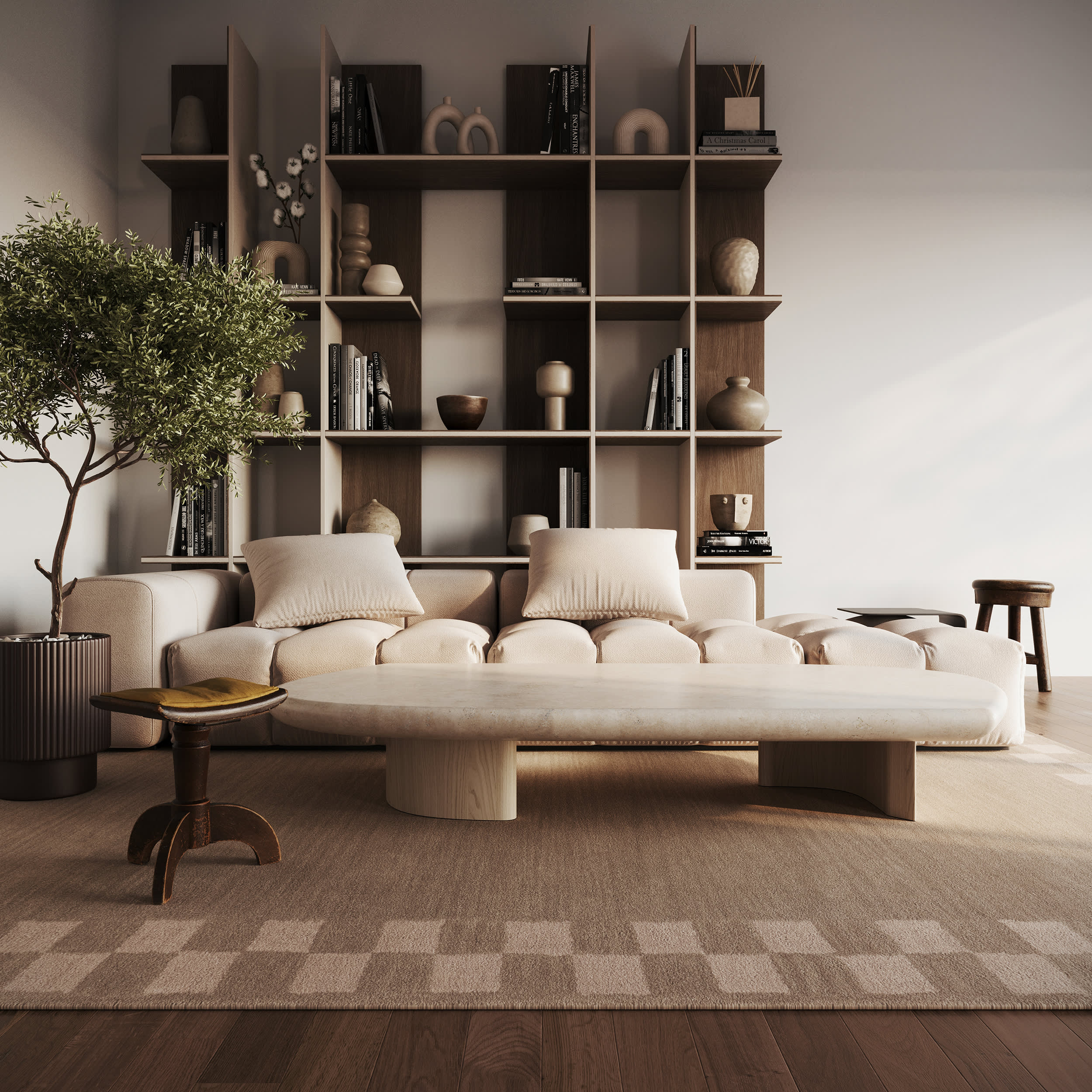 Treva Transitional Checkered Rug | Tan - Image 2