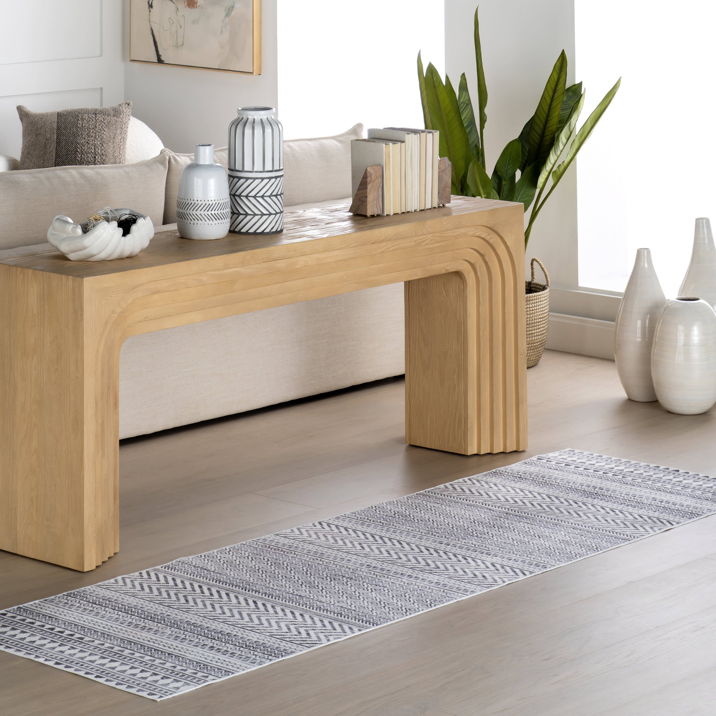 Tribal Banded Spill Proof Washable Rug | Grey - Image 2