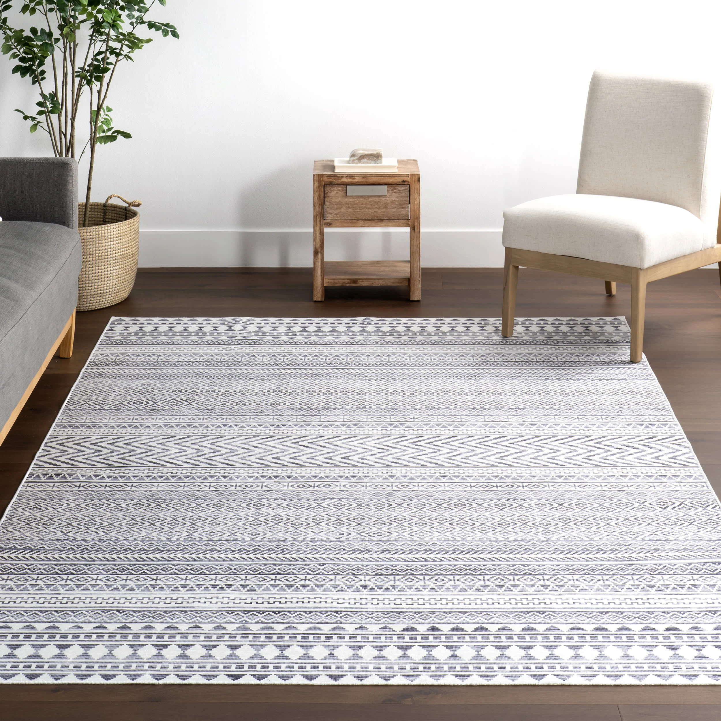 Tribal Banded Spill Proof Washable Rug | Grey - Image 5