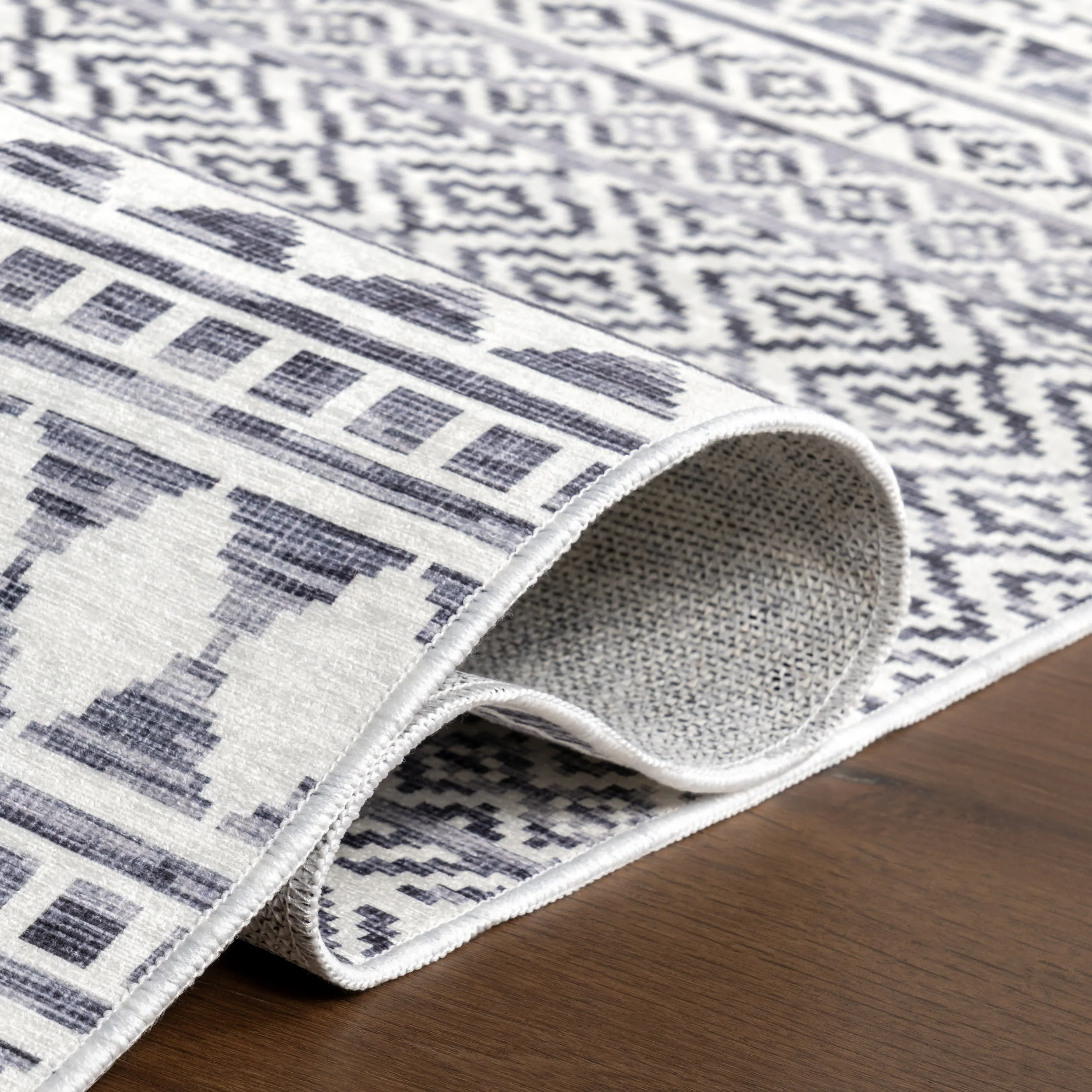 Tribal Banded Spill Proof Washable Rug | Grey - Image 9