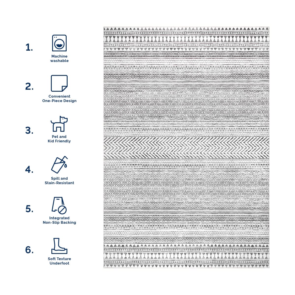 Tribal Banded Washable Rug | Grey - Image 6