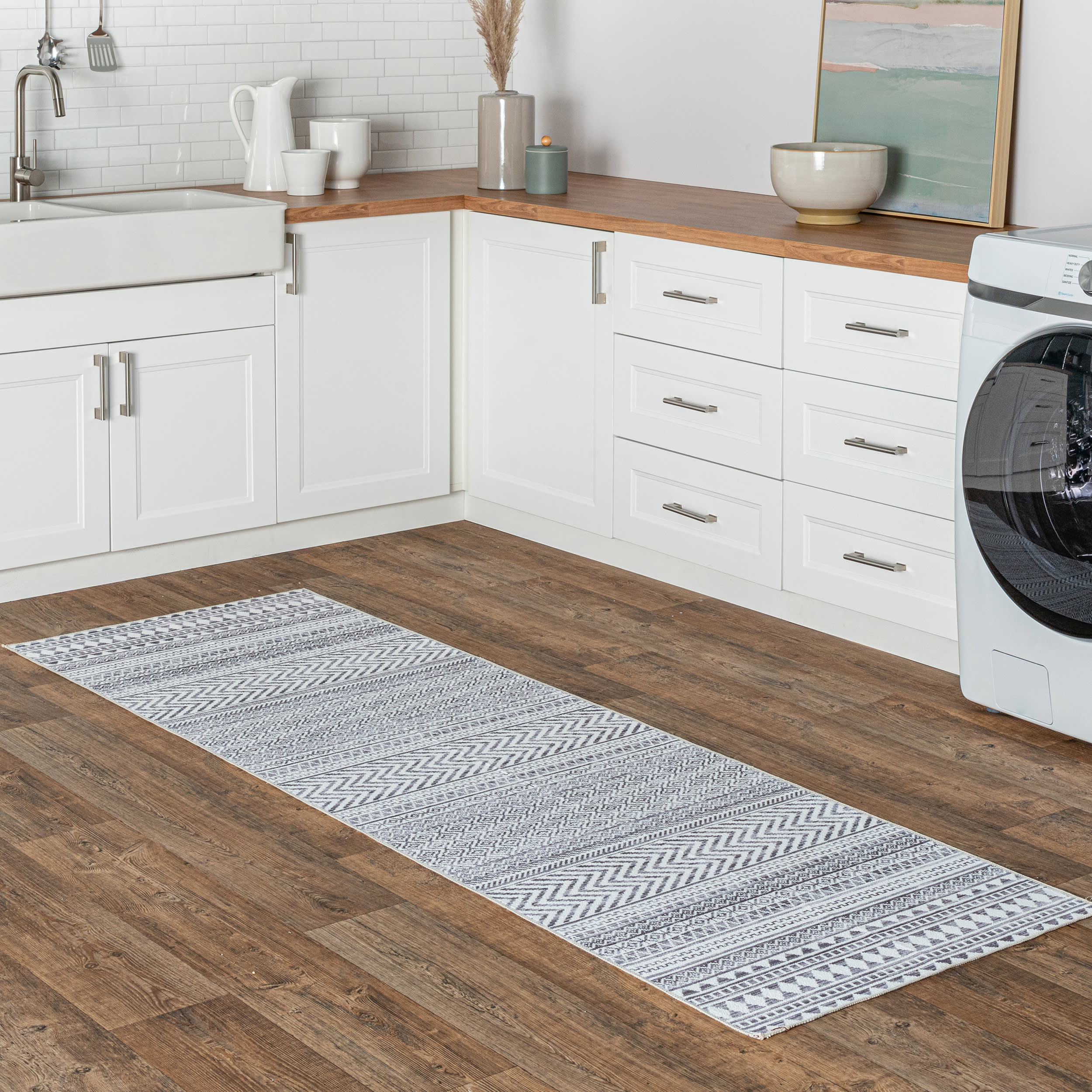 Tribal Banded Washable Rug | Grey - Image 2