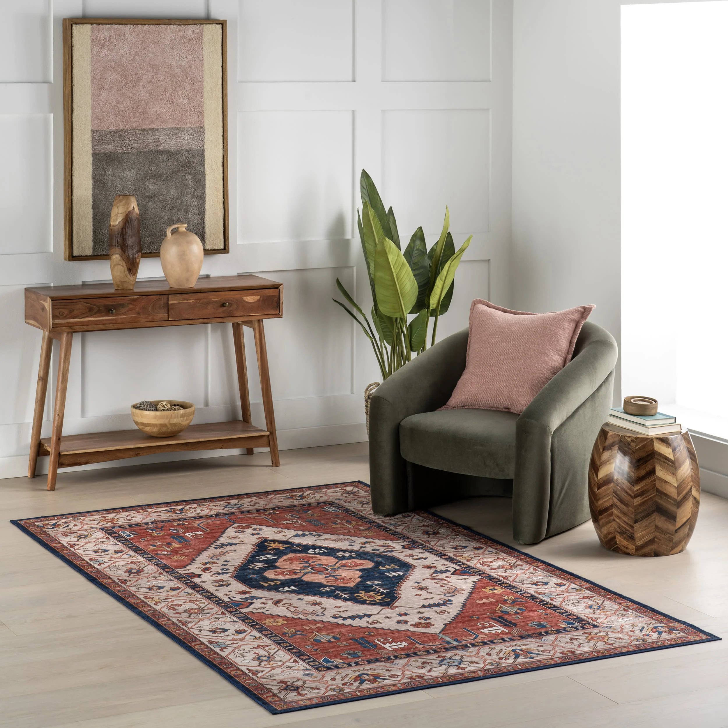 Tribal Medallion Spill Proof Washable Rug | Rust - Image 2