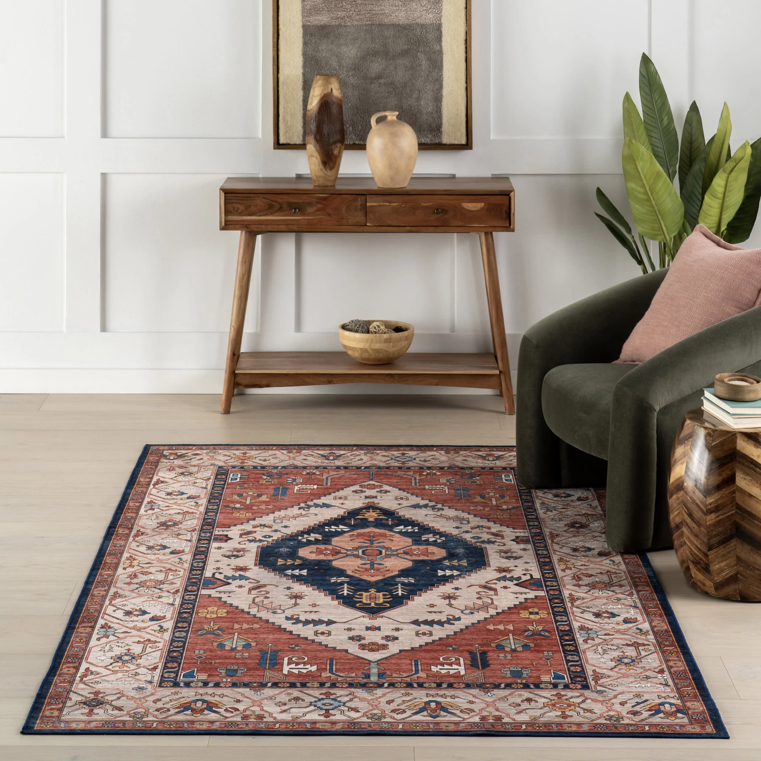 Tribal Medallion Spill Proof Washable Rug | Rust - Image 5