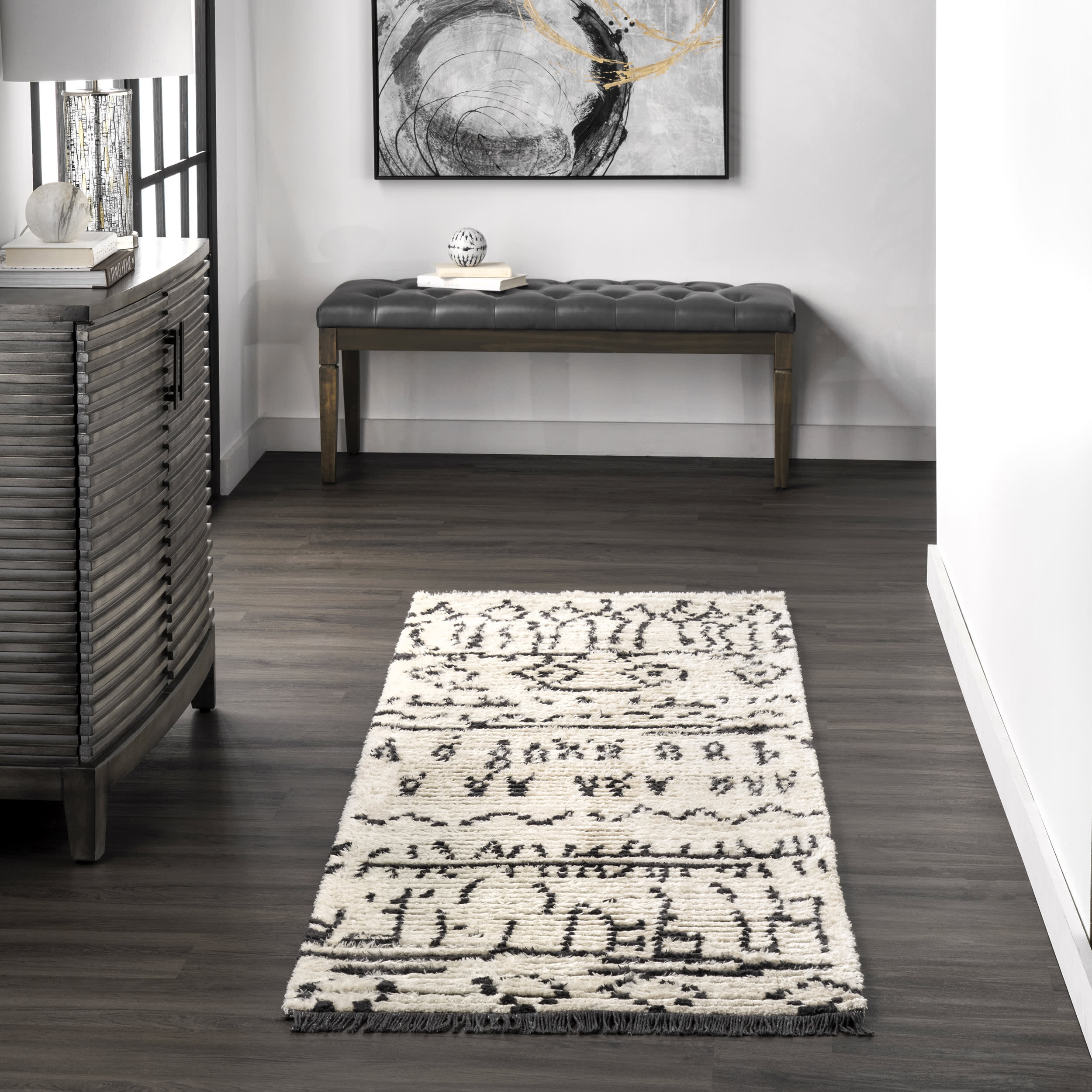 Tribal Mural Tasseled Rug | Beige - Image 2