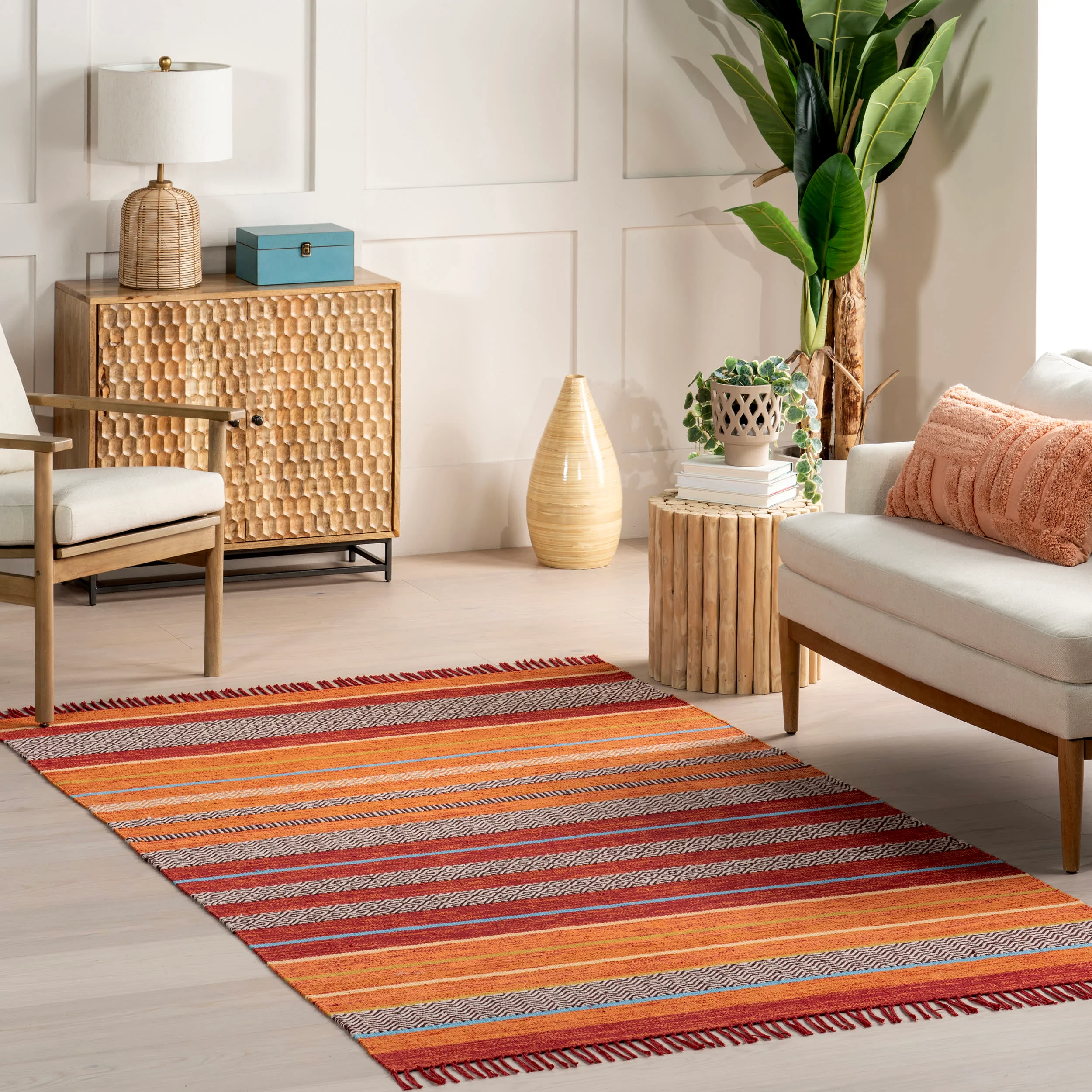 Tribal Stripes Fringe Tassel Rug | Orange - Image 2