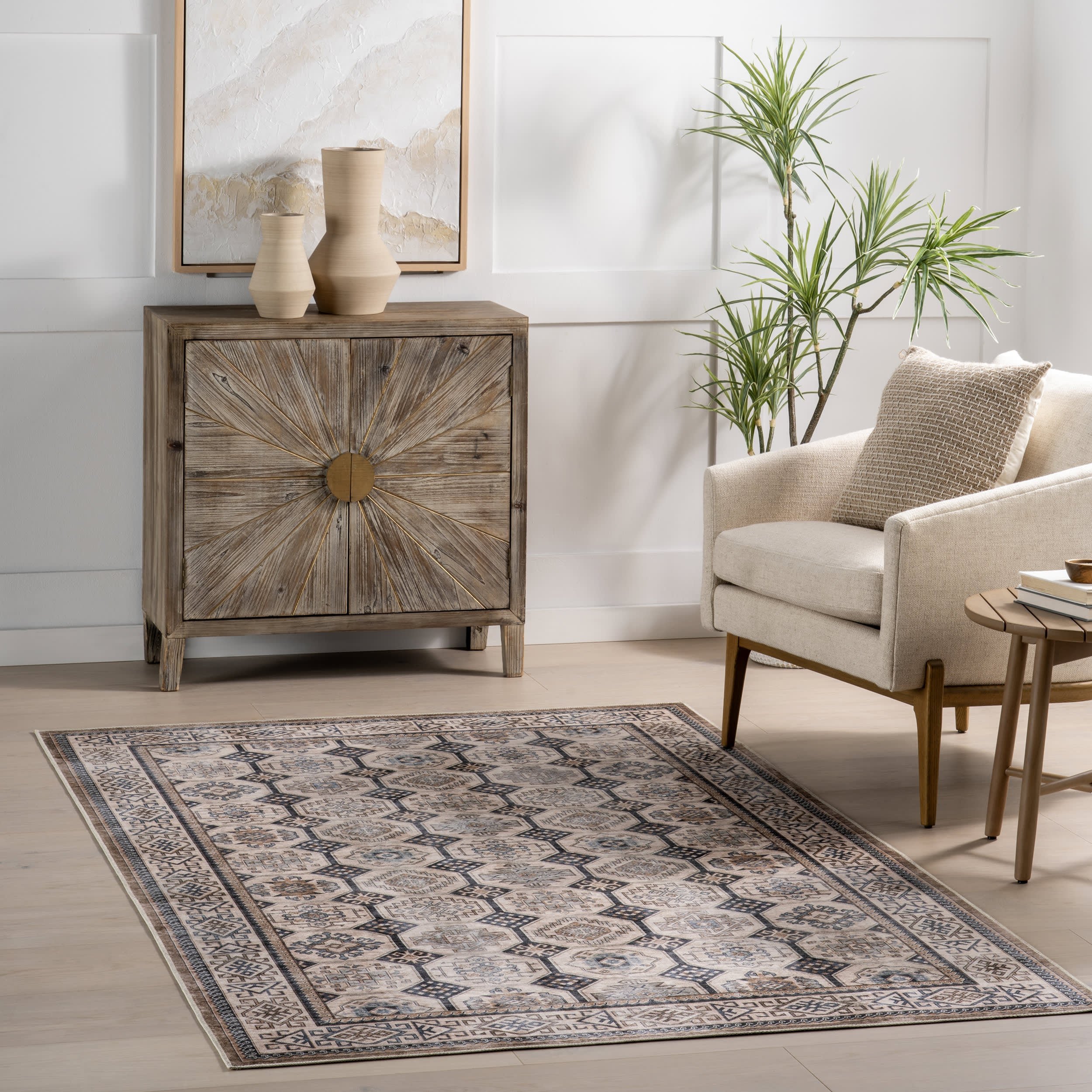 Valerian Tile Spill Proof Washable Rug | Light Beige - Image 2