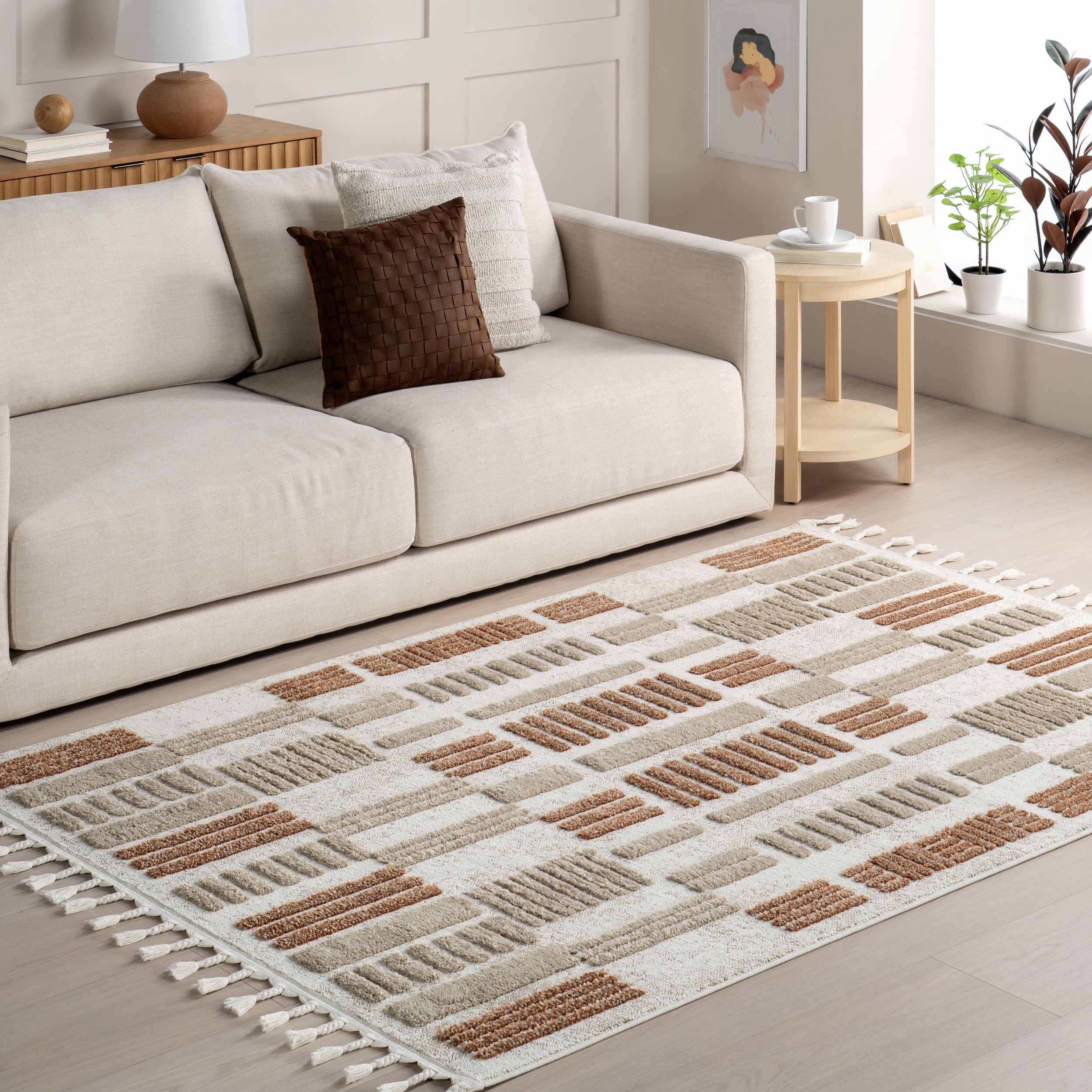 Valli Textured Geometric Tasseled Rug | Beige - Image 2