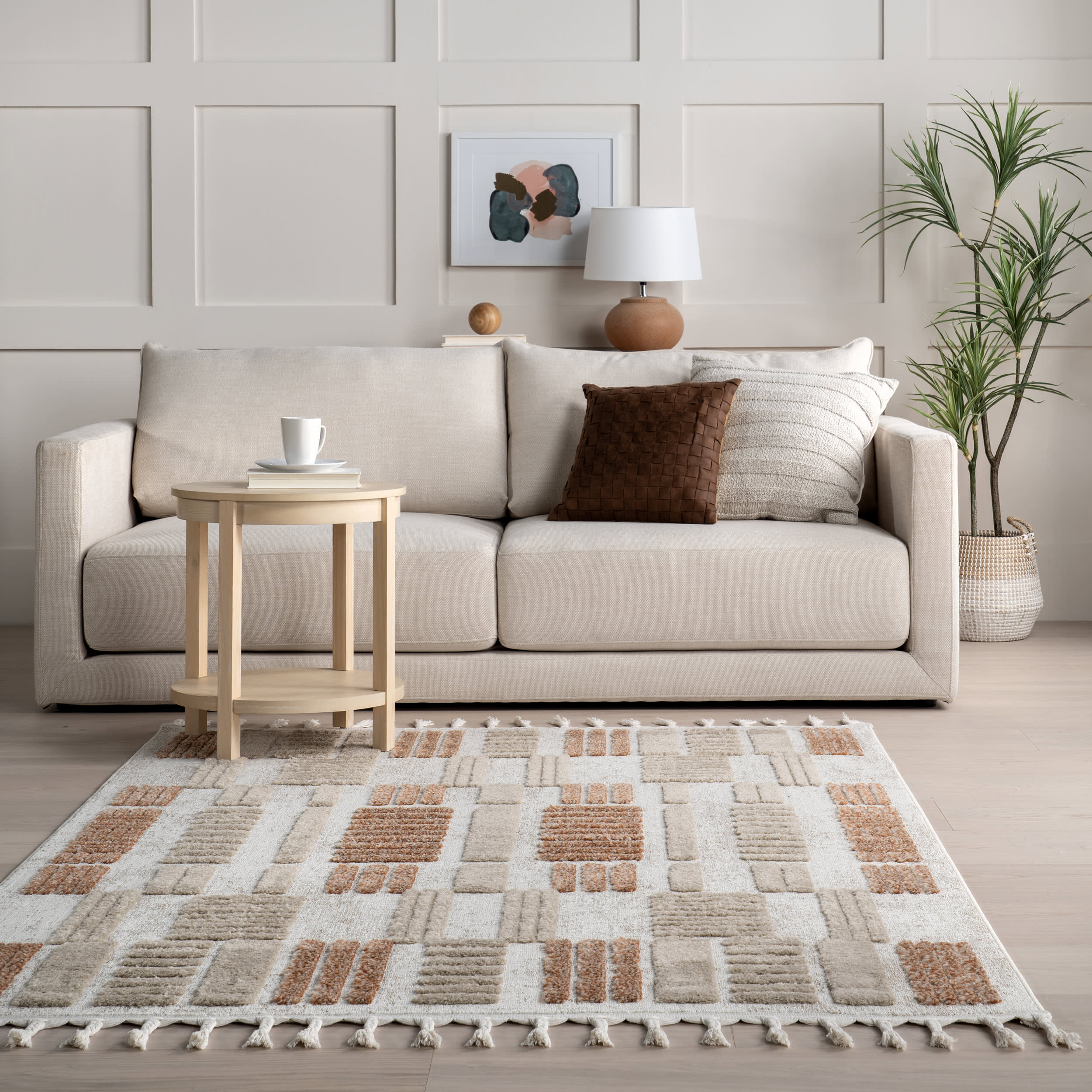 Valli Textured Geometric Tasseled Rug | Beige - Image 4