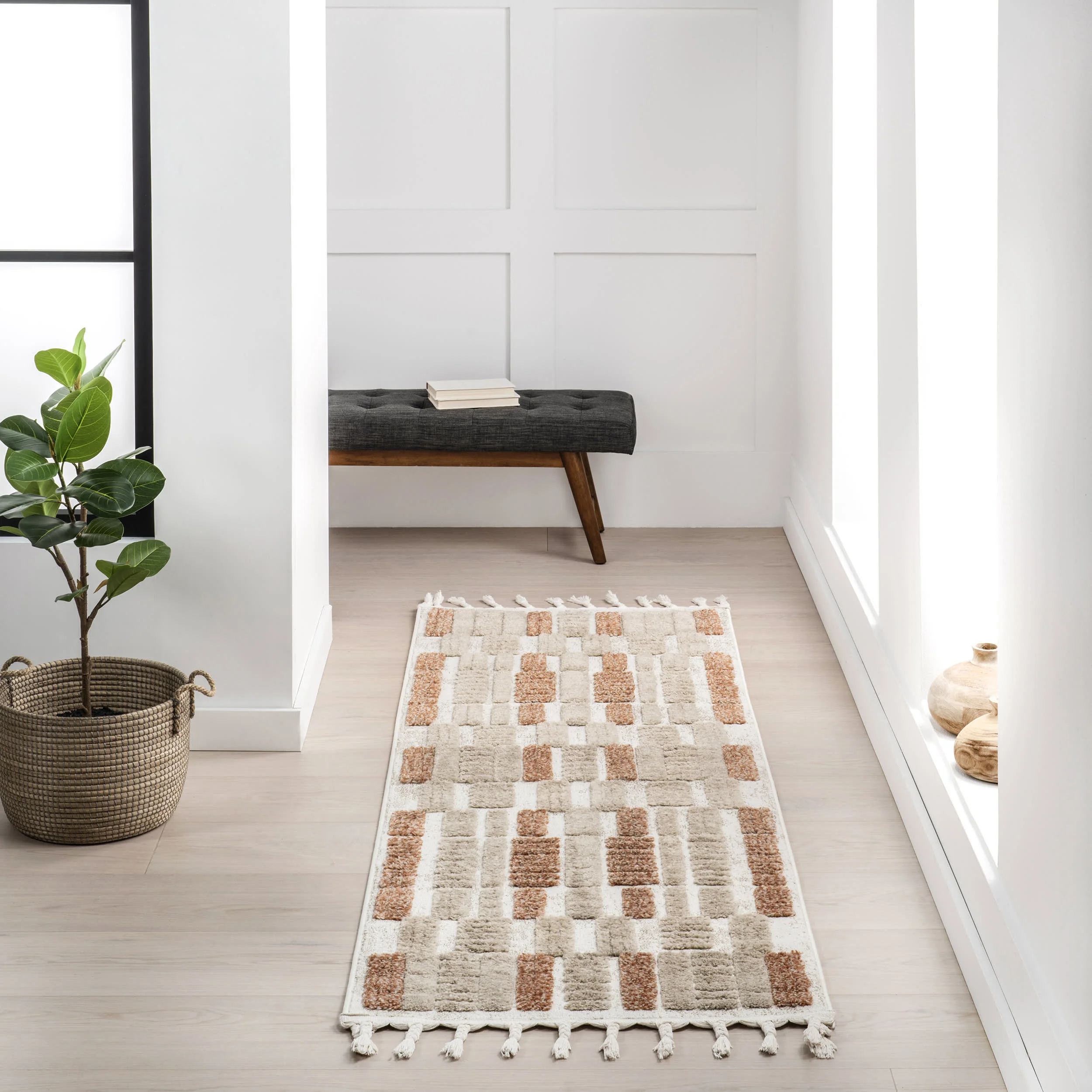 Valli Textured Geometric Tasseled Rug | Beige - Image 2