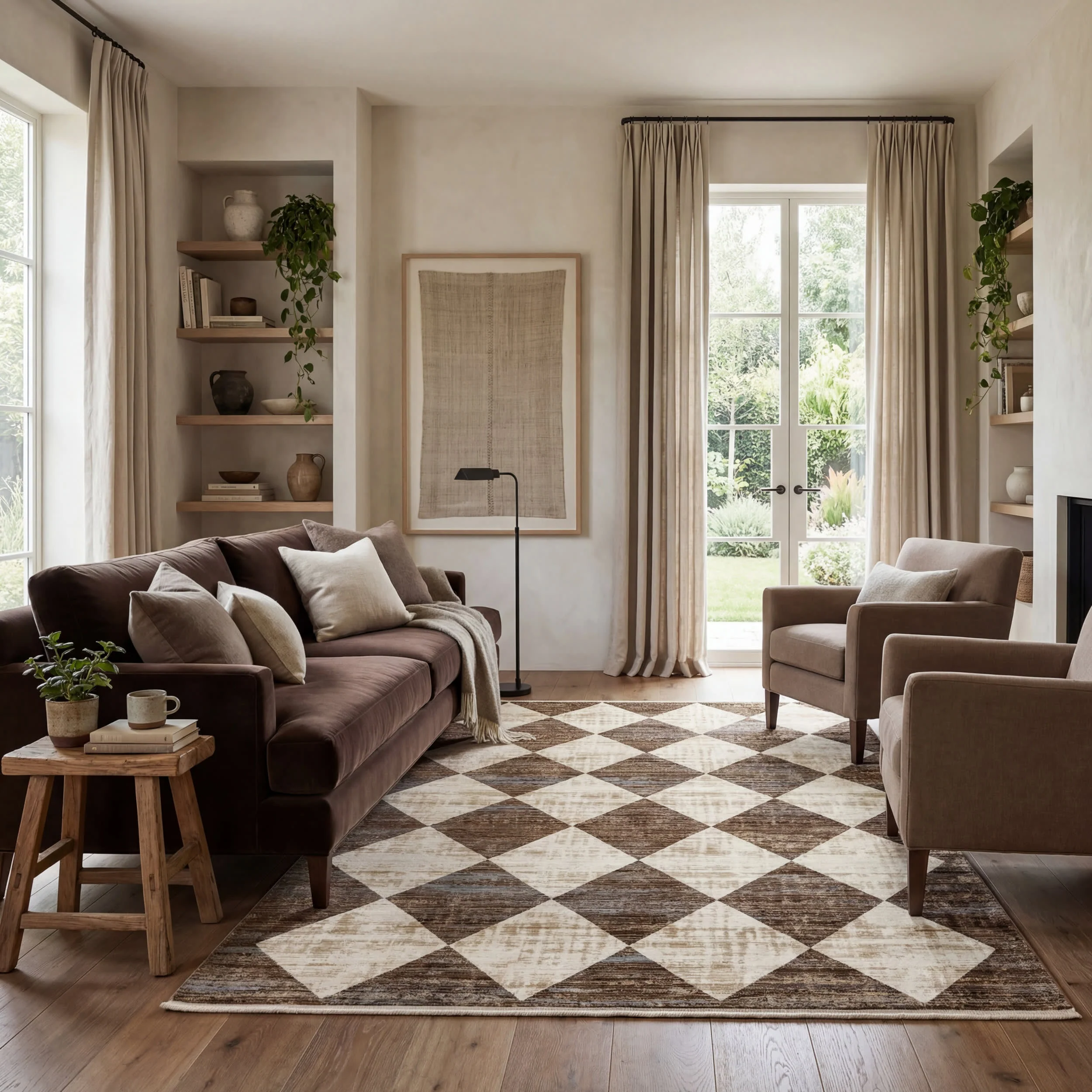 Vanni Checkered Fringed Rug | Beige - Image 2