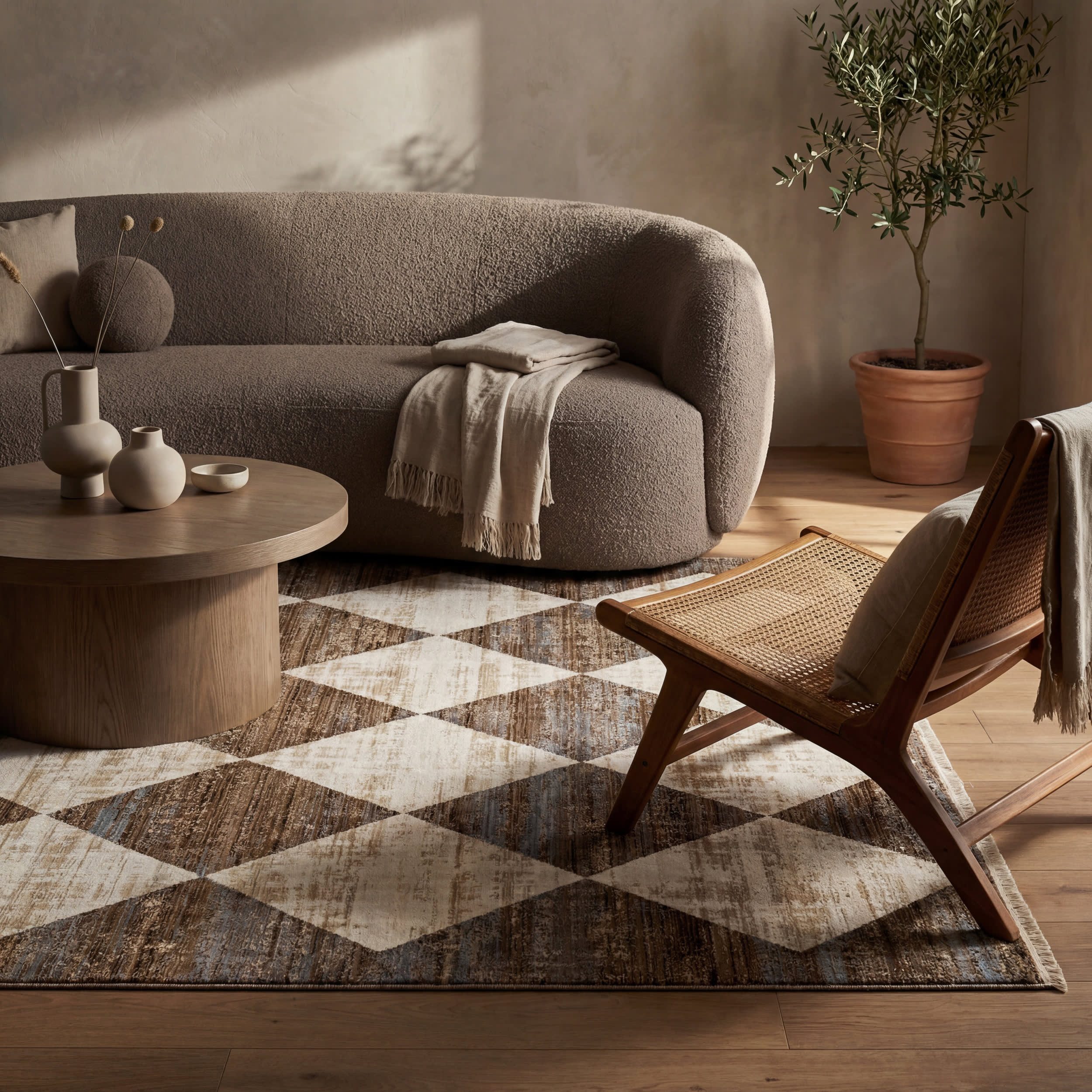 Vanni Checkered Fringed Rug | Beige - Image 4