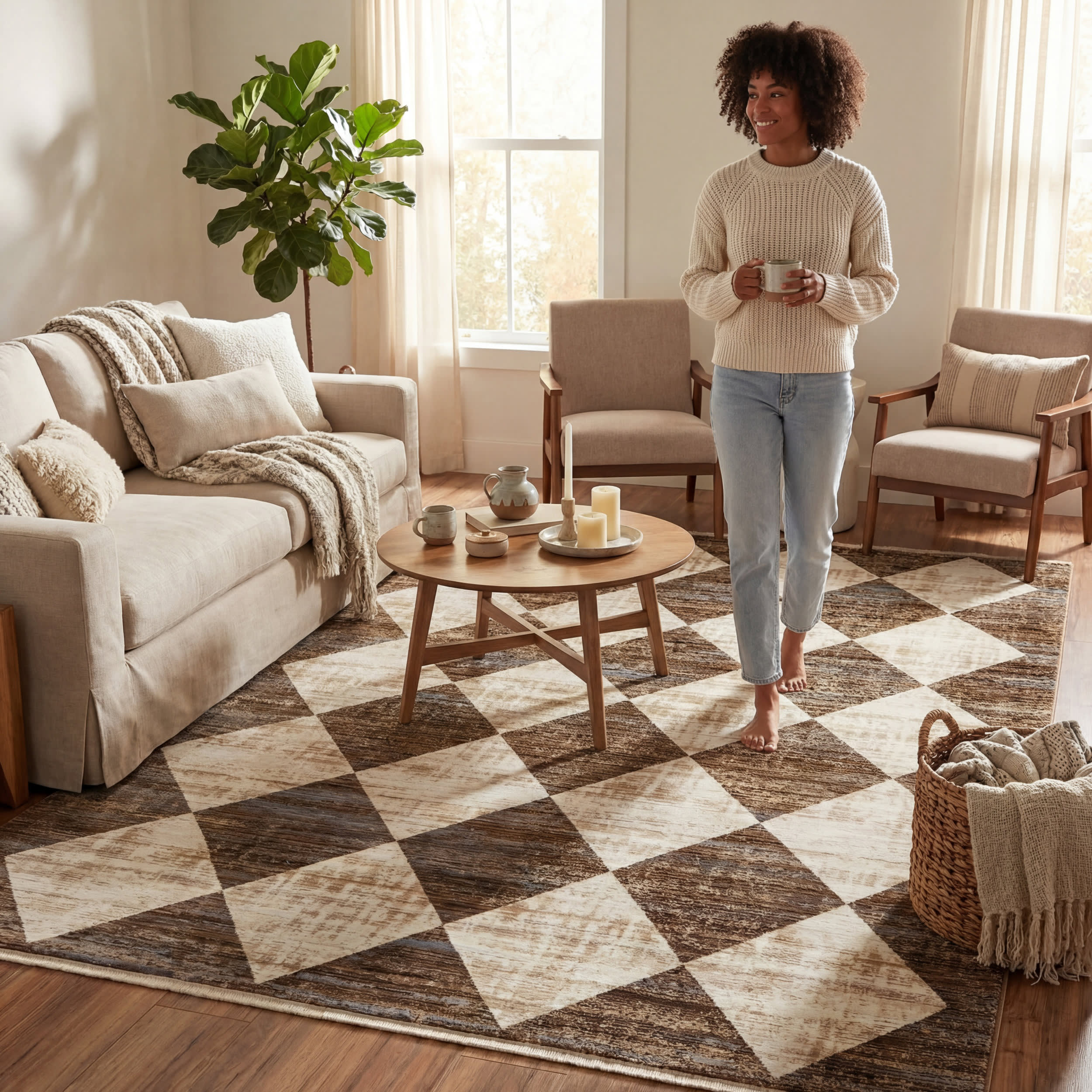 Vanni Checkered Fringed Rug | Beige - Image 6