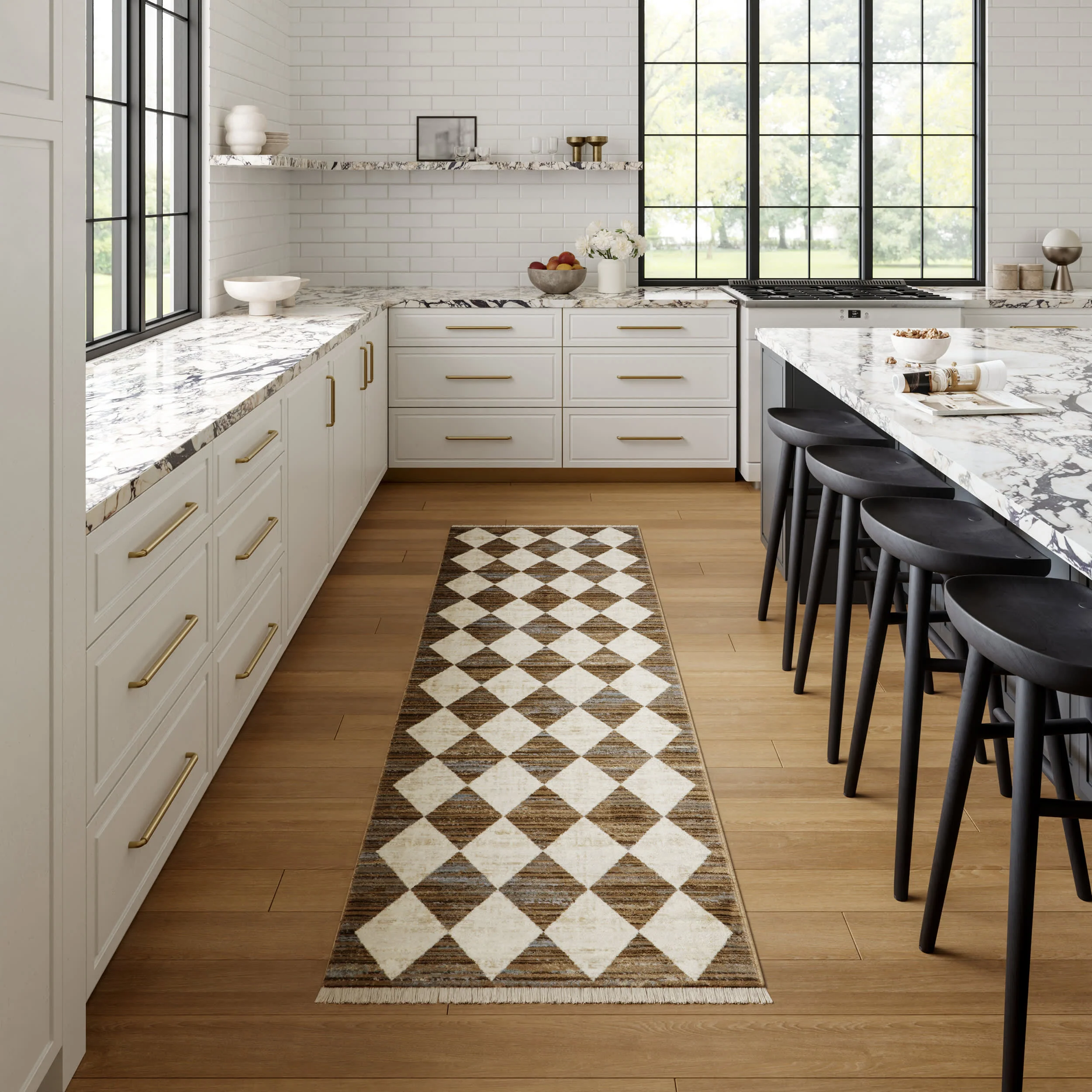 Vanni Checkered Fringed Rug | Beige - Image 2