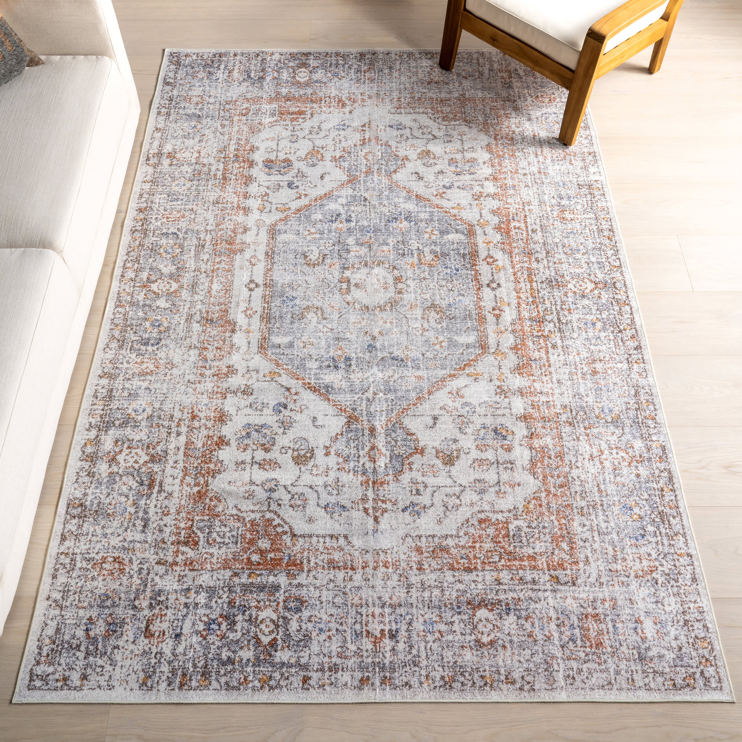 Vintage Medallion Spill Proof Washable Rug | Light Grey - Image 2