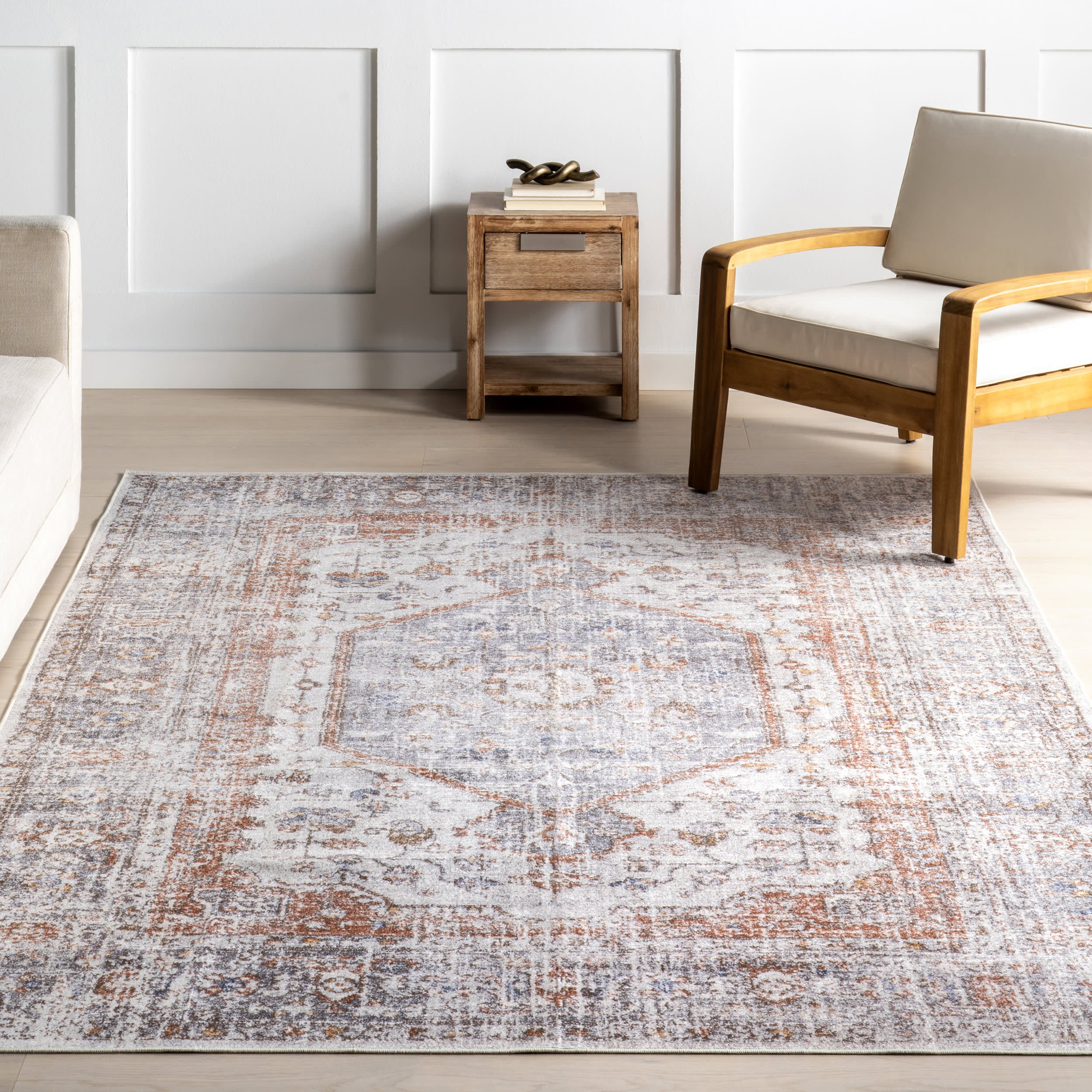 Vintage Medallion Spill Proof Washable Rug | Light Grey - Image 5
