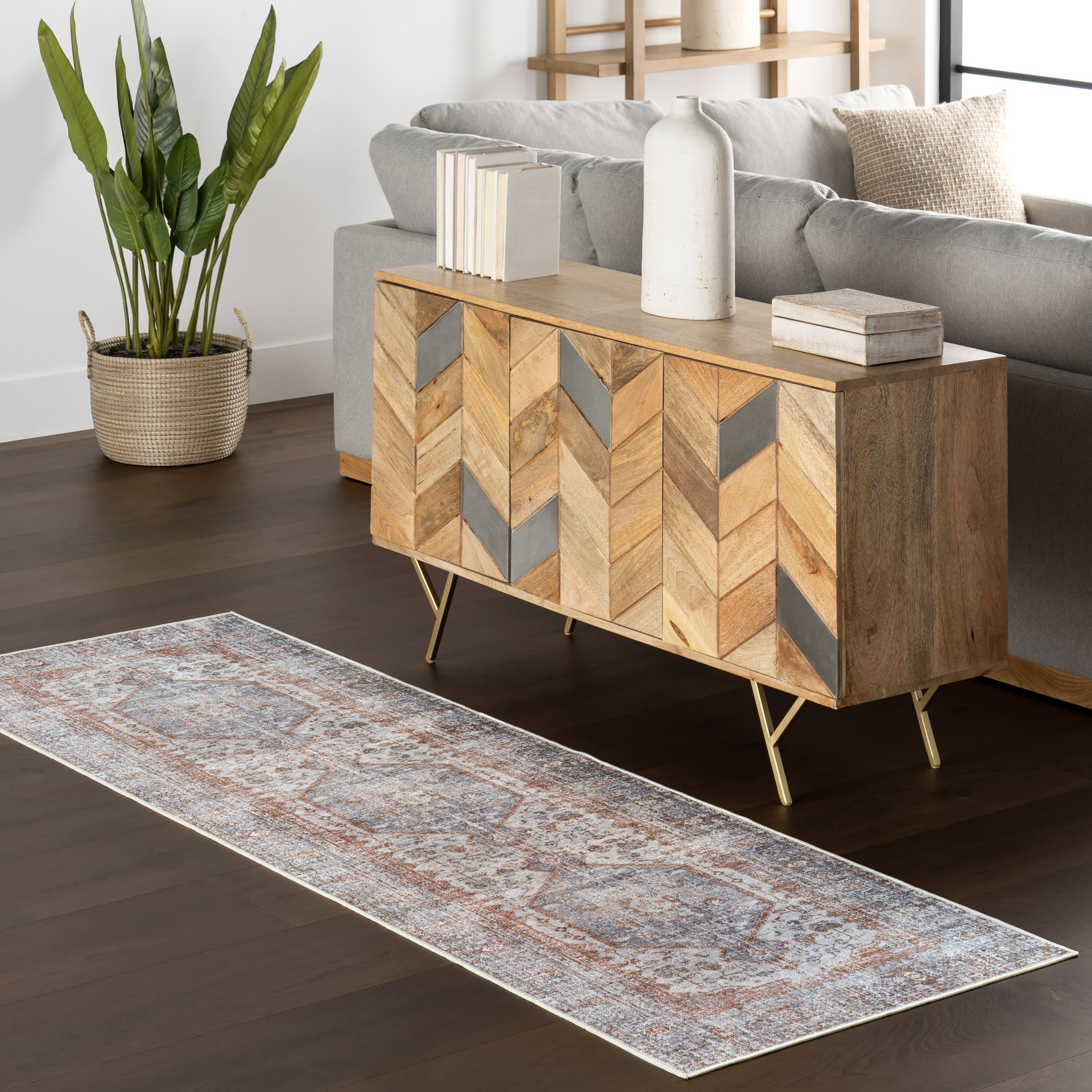 Vintage Medallion Spill Proof Washable Rug | Light Grey - Image 2