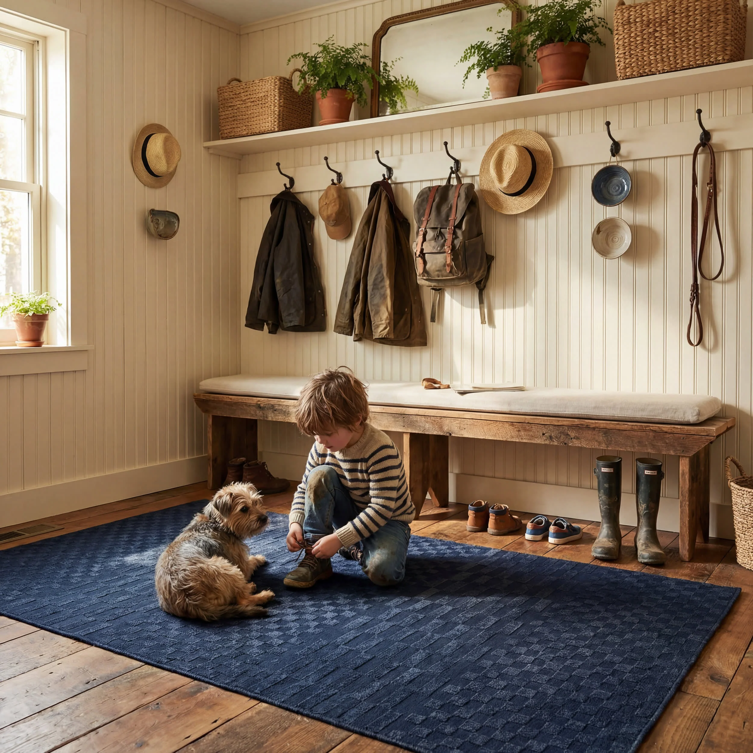 Vira Checkered Plush Textured Washable Rug | Blue - Image 9