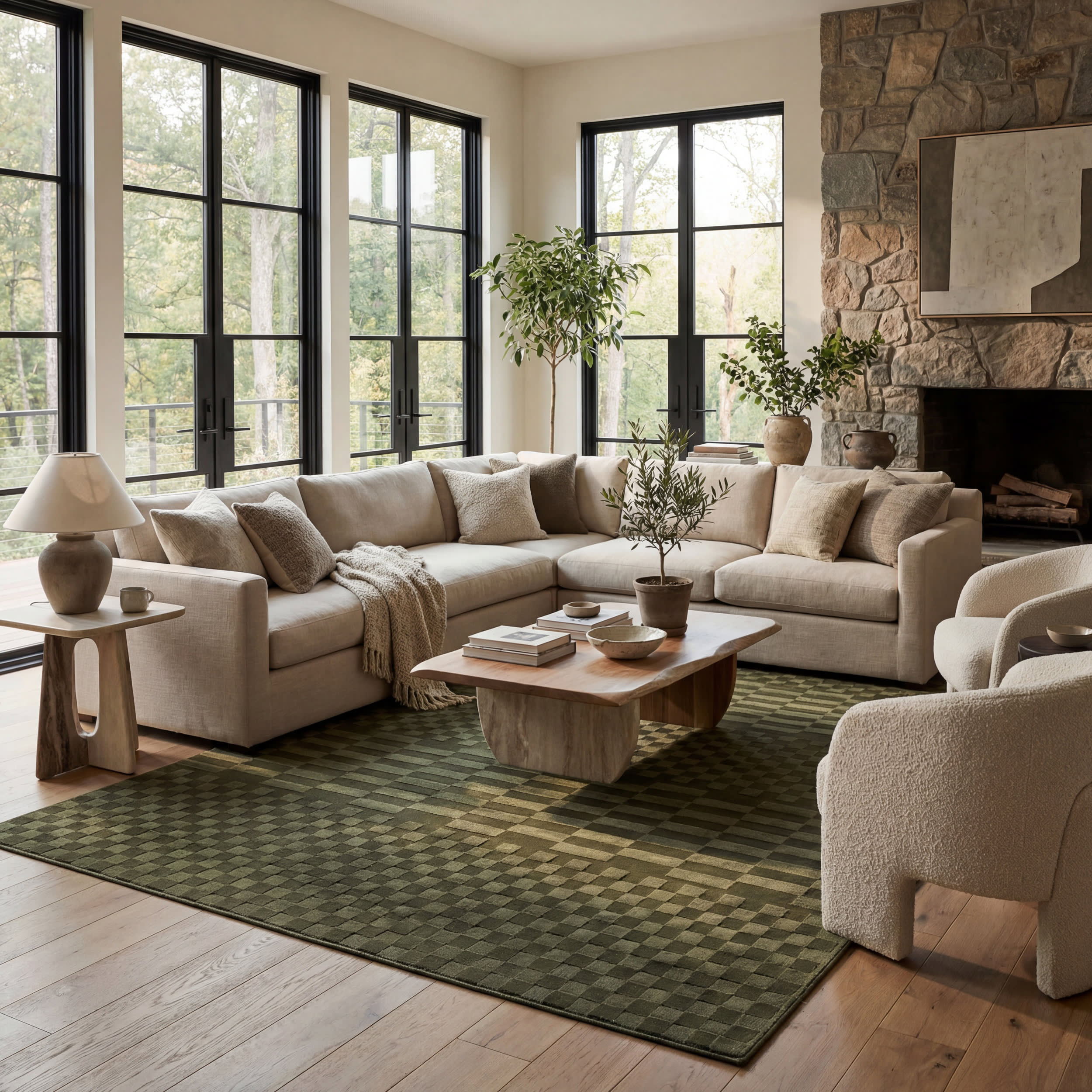 Vira Checkered Plush Textured Washable Rug | Green - Image 2