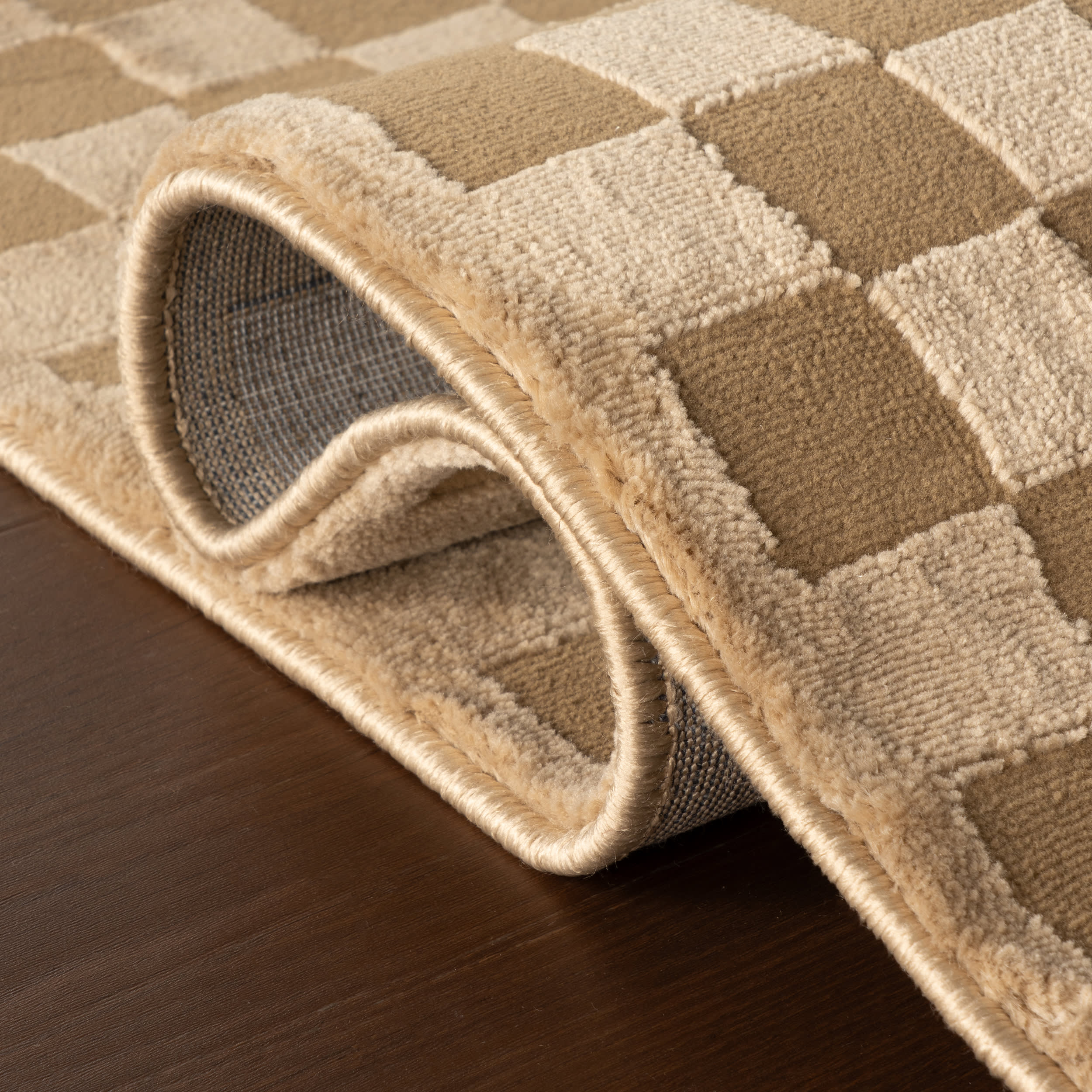 Vira Checkered Plush Textured Washable Rug | Sand - Image 10