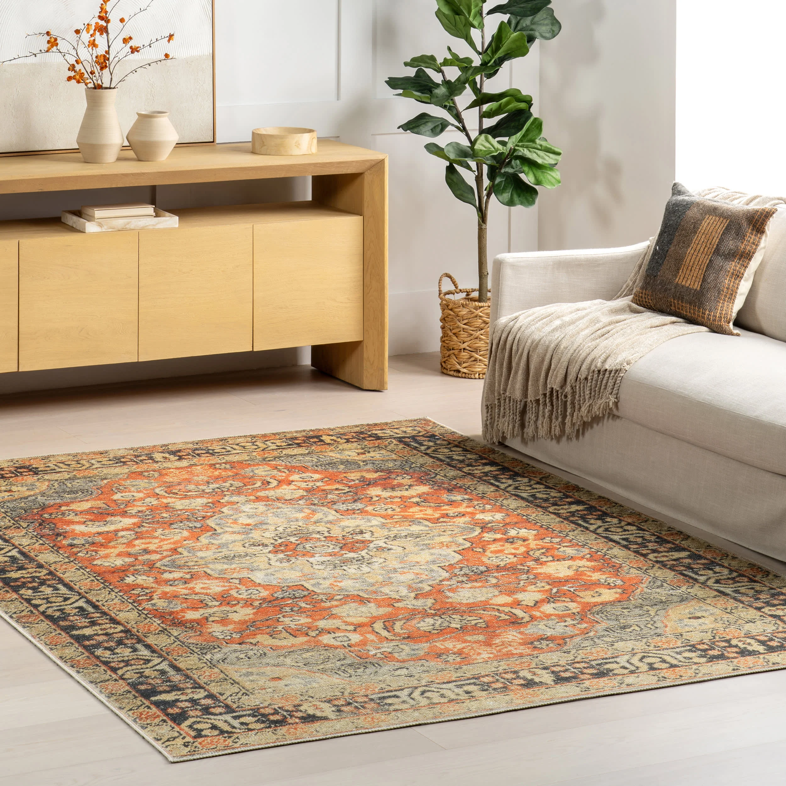 Washable Floral Medallion Rug | Orange - Image 2