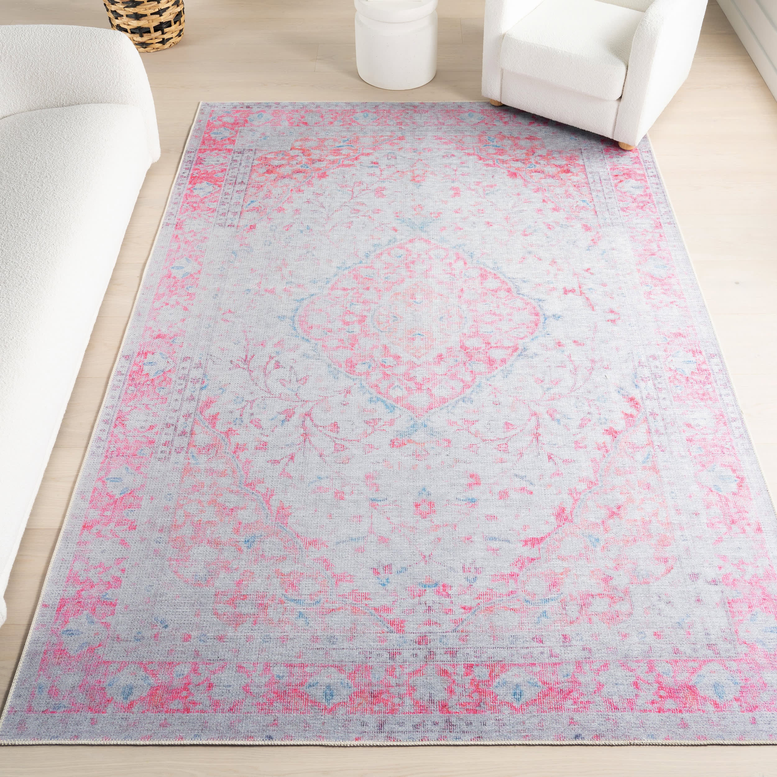Washable Medallion Flatweave Rug | Pink - Image 2