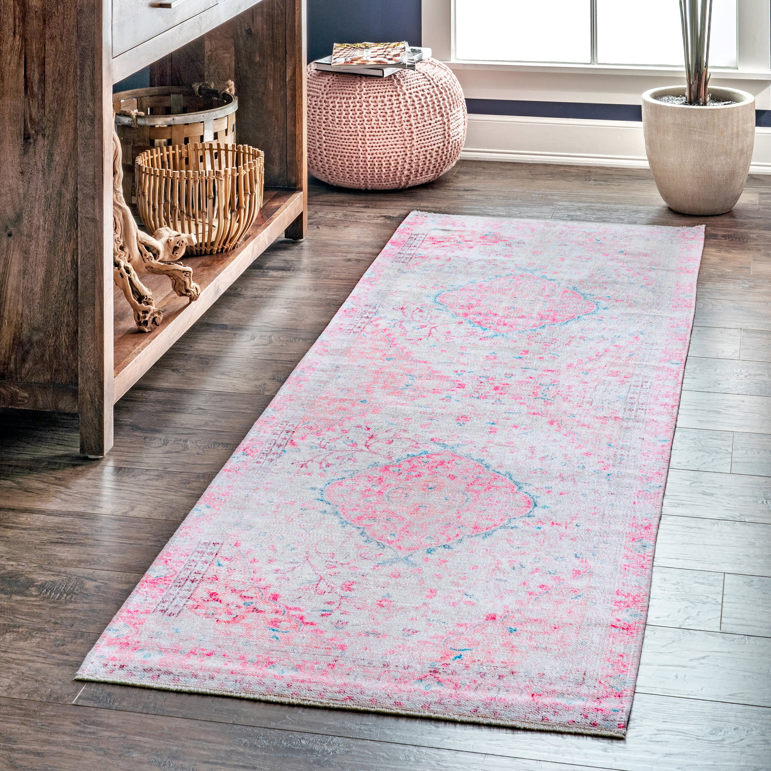Washable Medallion Flatweave Rug | Pink - Image 2