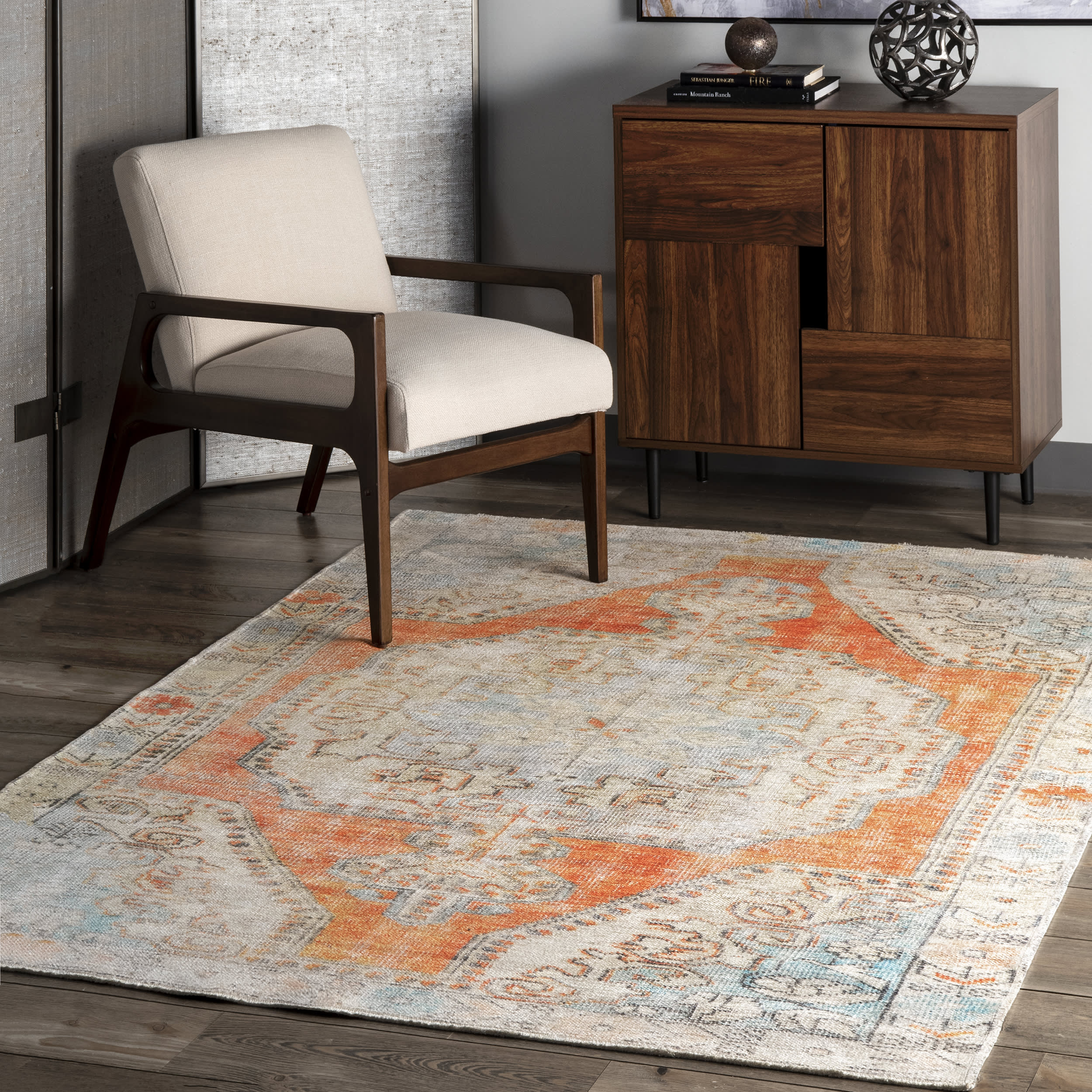 Washable Snowflake Medallion Rug | Orange - Image 2