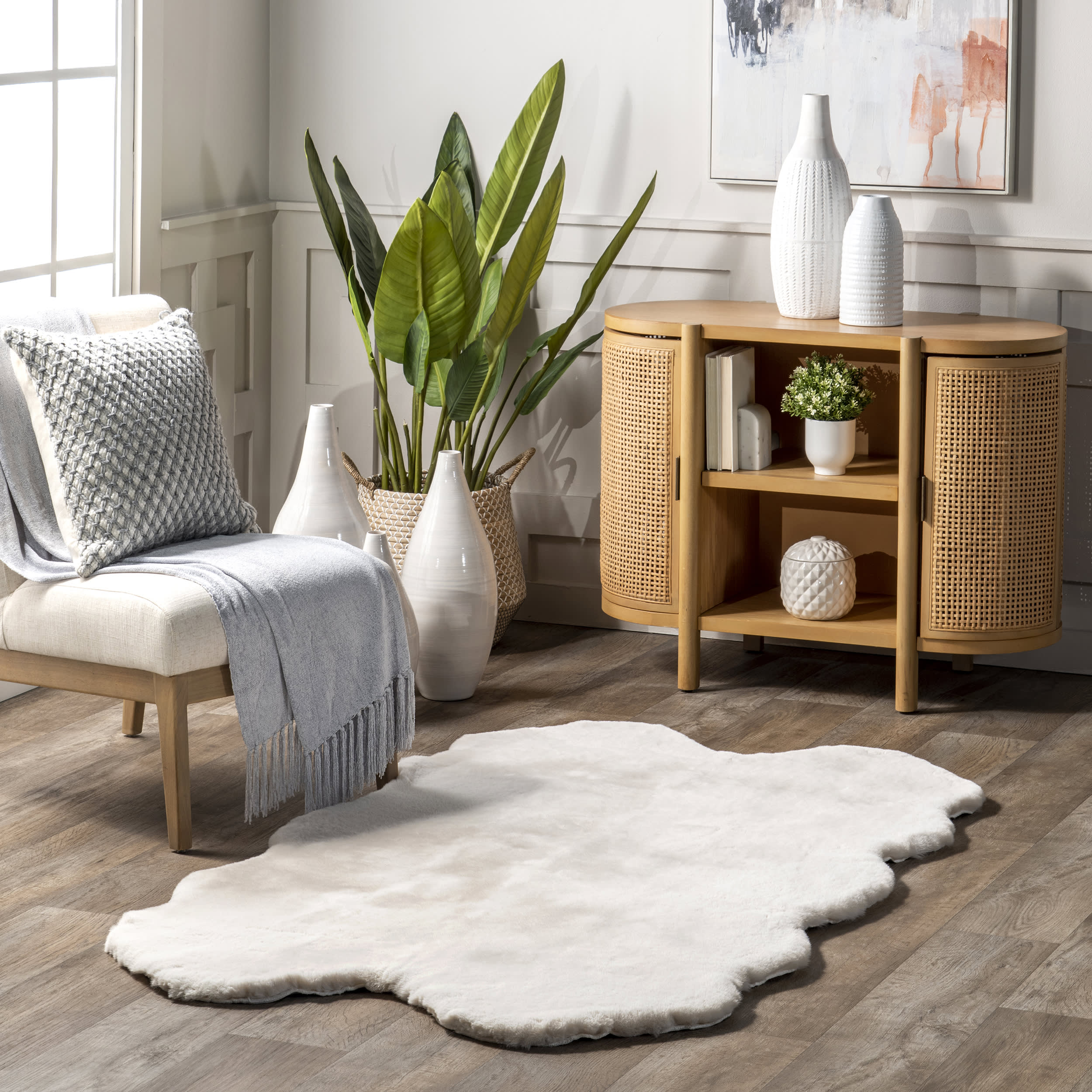 Waverly Quarto Faux Sheepskin Pelt Plush Cloud Washable Rug | Off White - Image 2