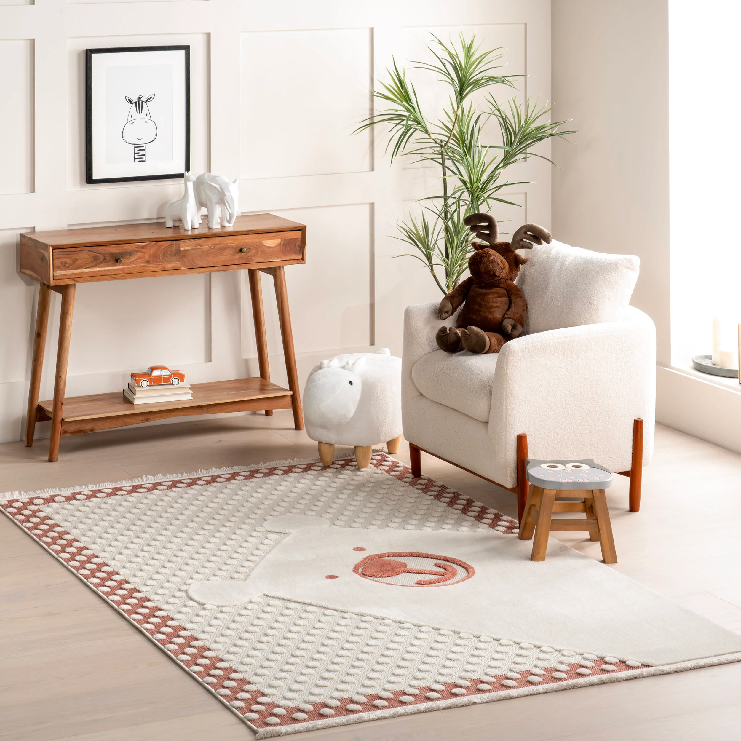 Wilma Kids Bear Fringed Rug | Brick - Image 2