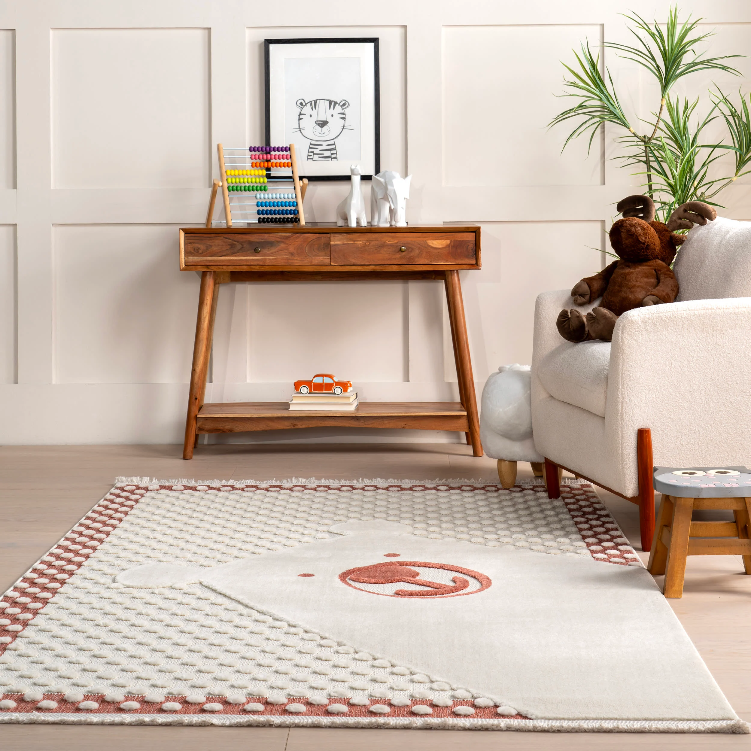 Wilma Kids Bear Fringed Rug | Brick - Image 4