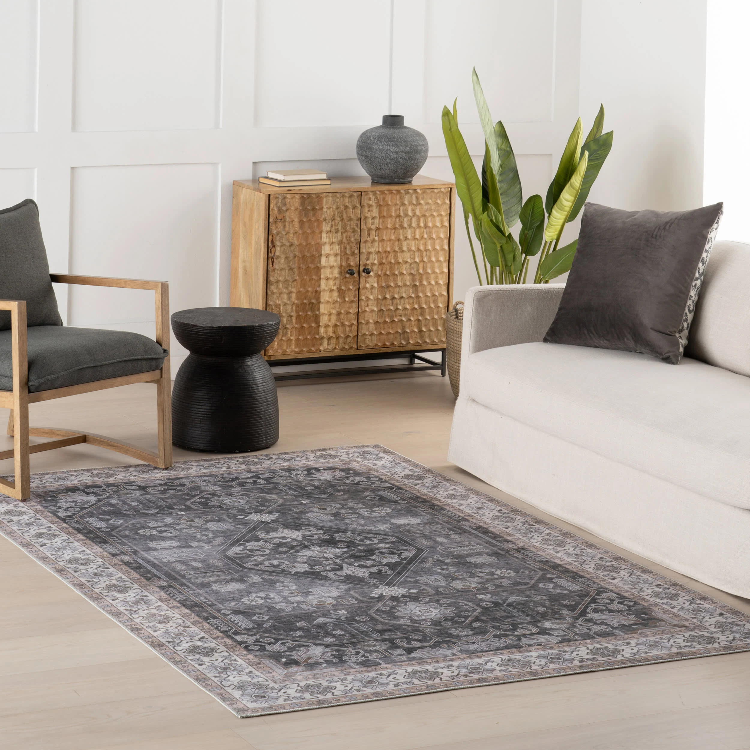 Zella Spill Proof Washable Vintage Rug | Charcoal - Image 2