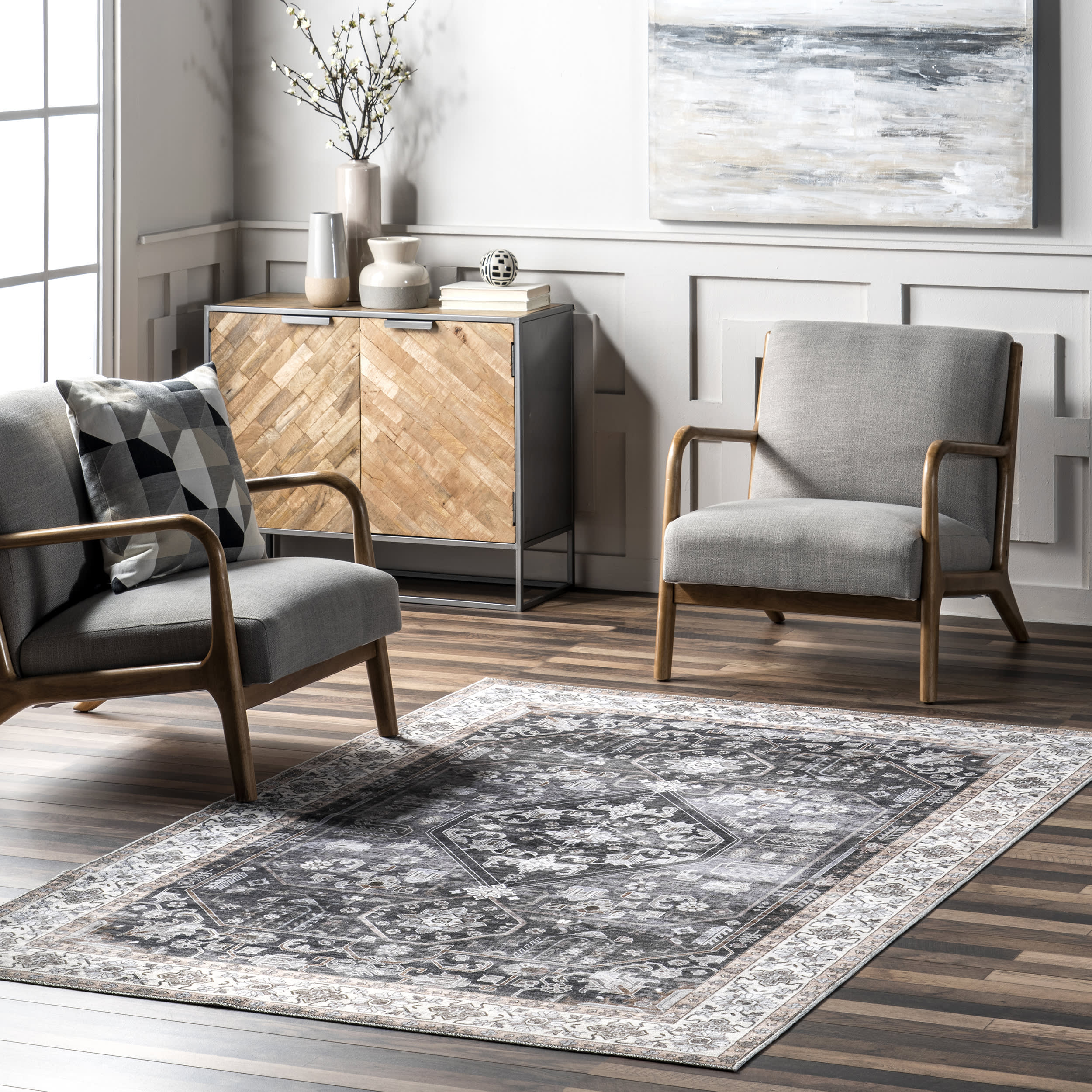Zella Washable Vintage Rug | Charcoal - Image 2