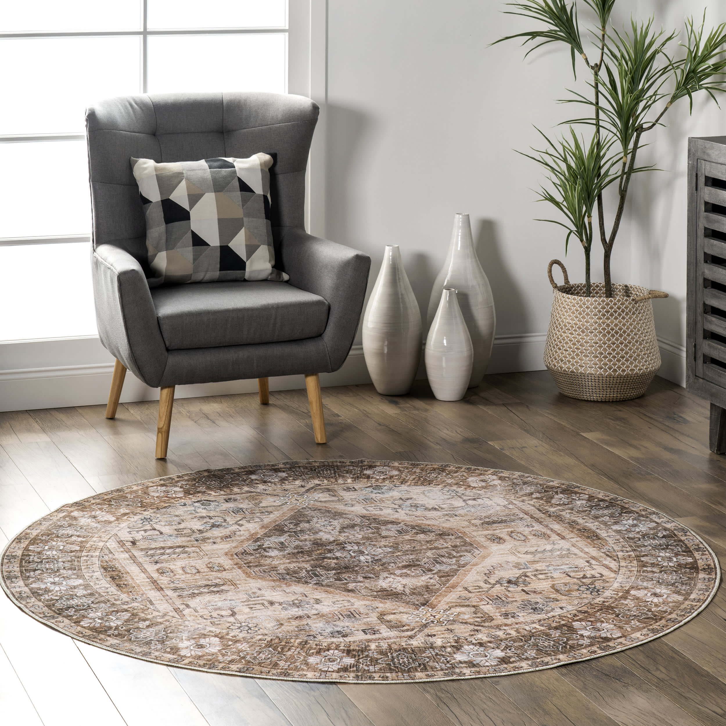 Zella Washable Vintage Rug | Light Brown - Image 2