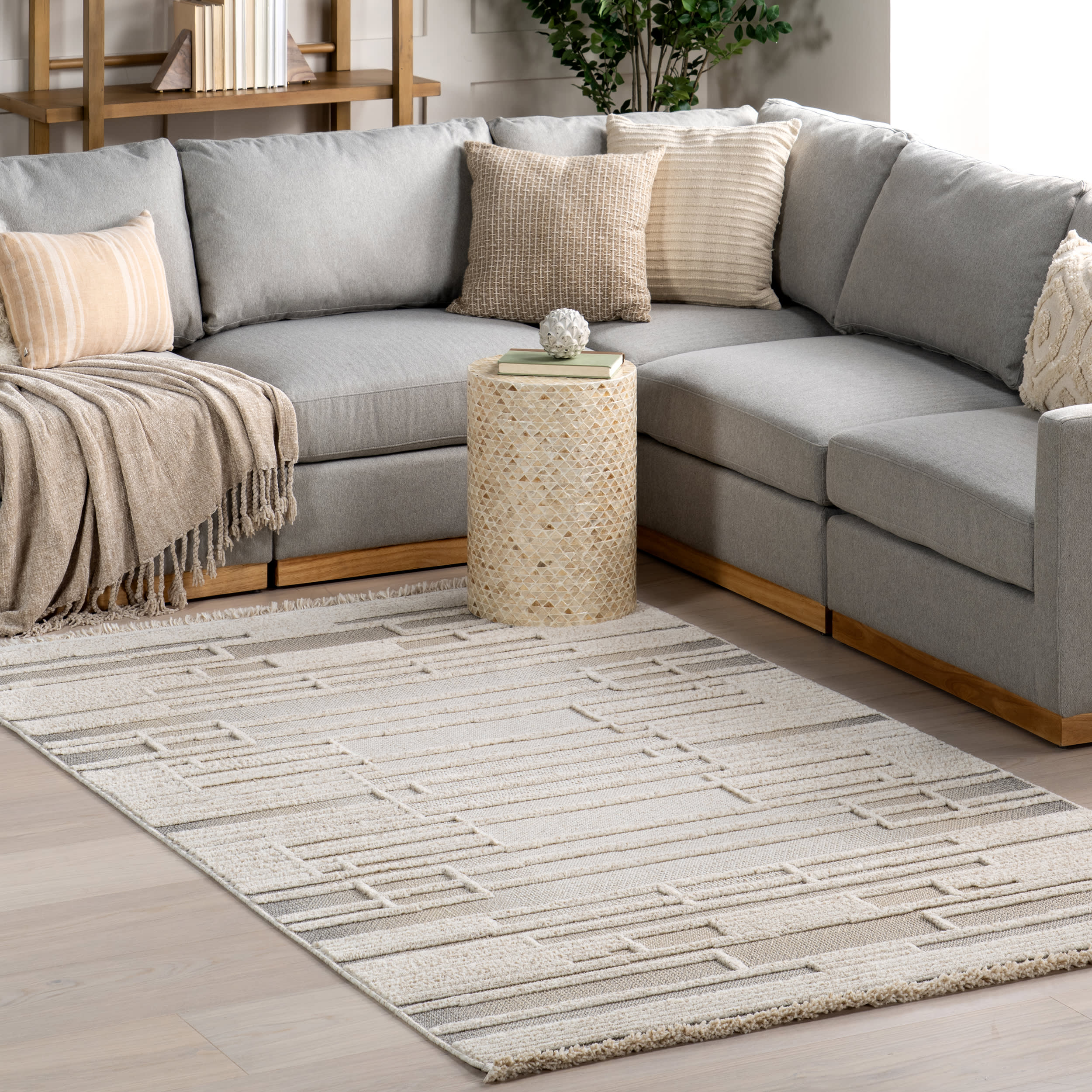 Zenna Geometric Block Rug | Ivory - Image 2