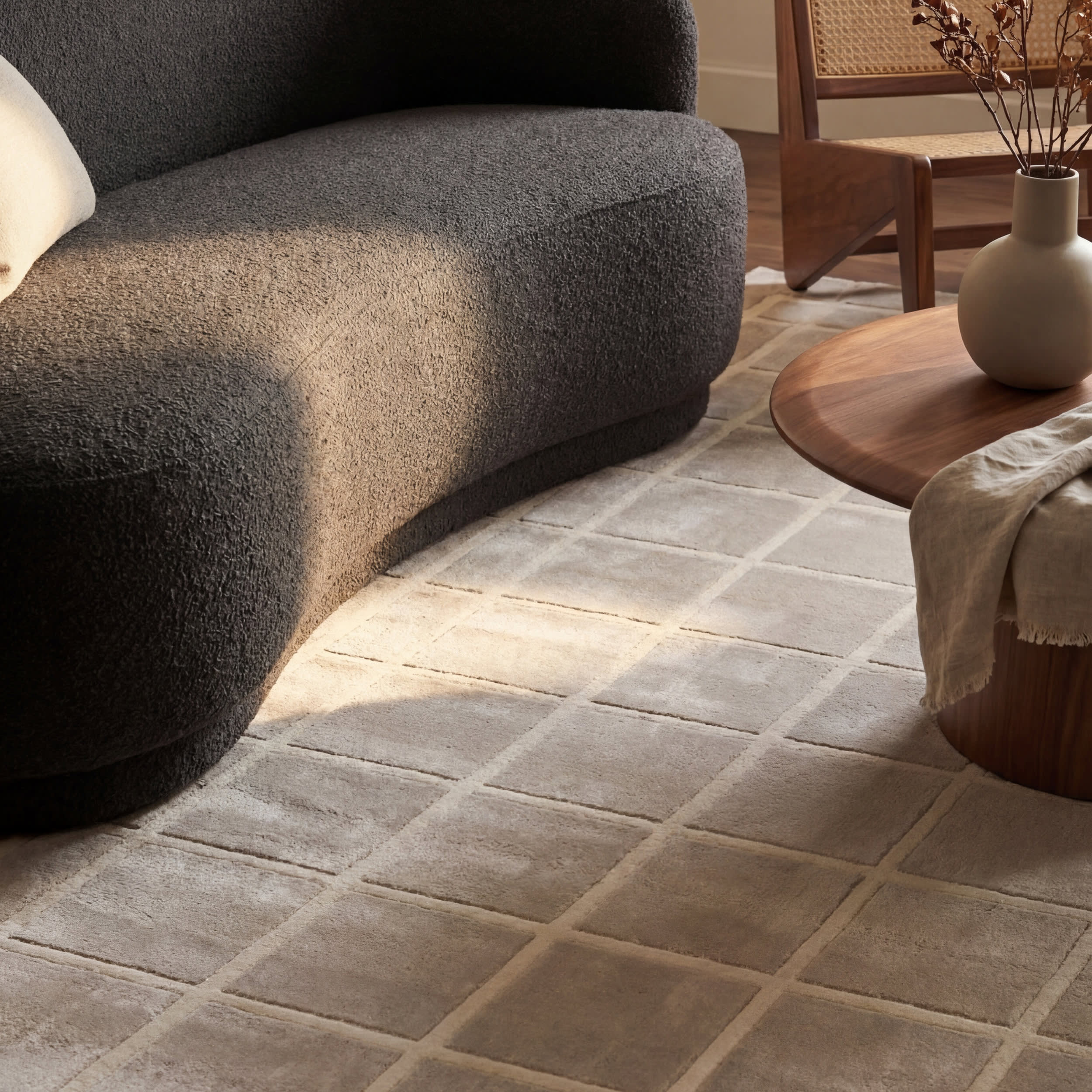 Zephyra Checkered Plush Textured Washable Rug | Cream/Grey - Image 5