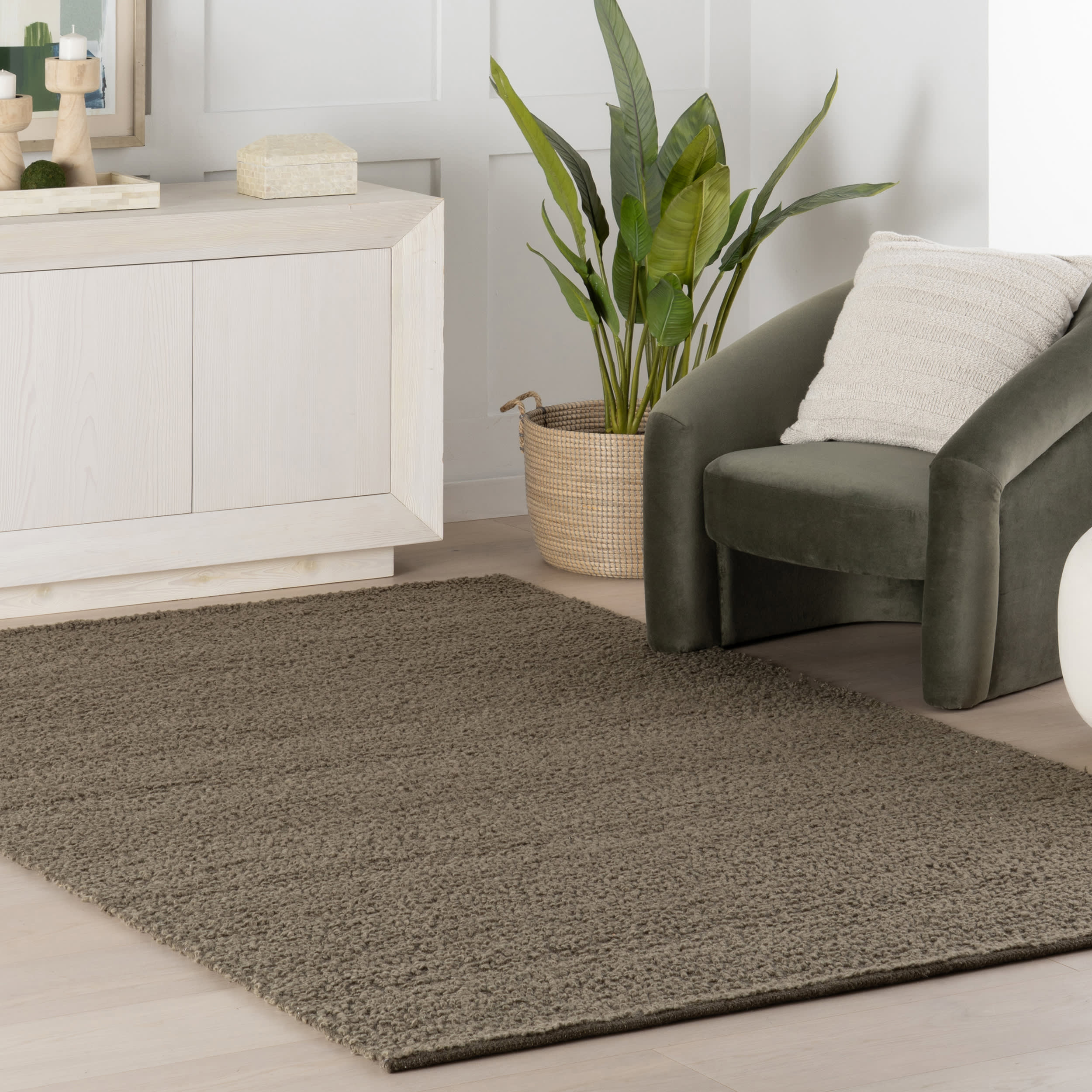 Zeva Textured Flatweave Shag Rug | Brown Olive - Image 2