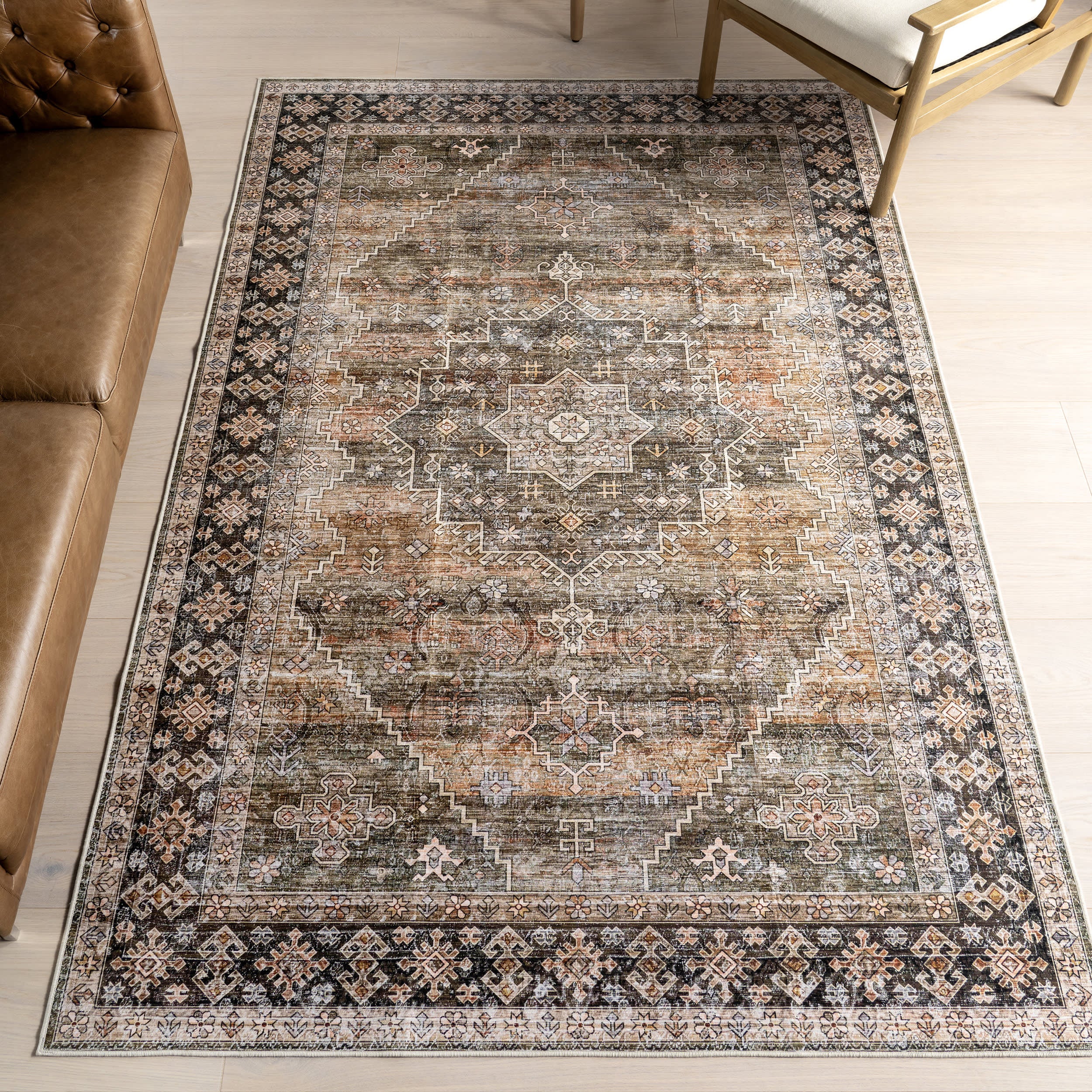 Zhuri Medallion Spill Proof Washable Rug | Sage Green - Image 2