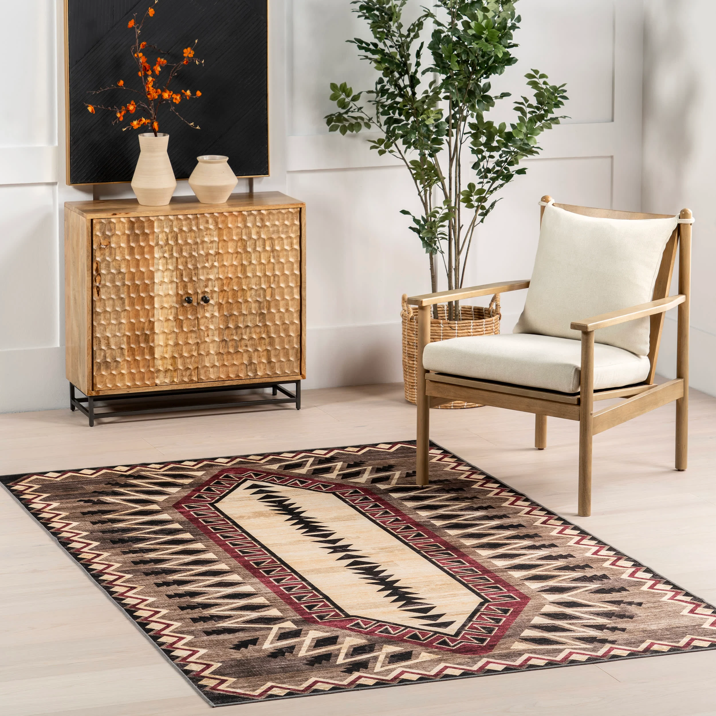Zuni Southwestern Spill Proof Washable Rug | Brown - Image 2